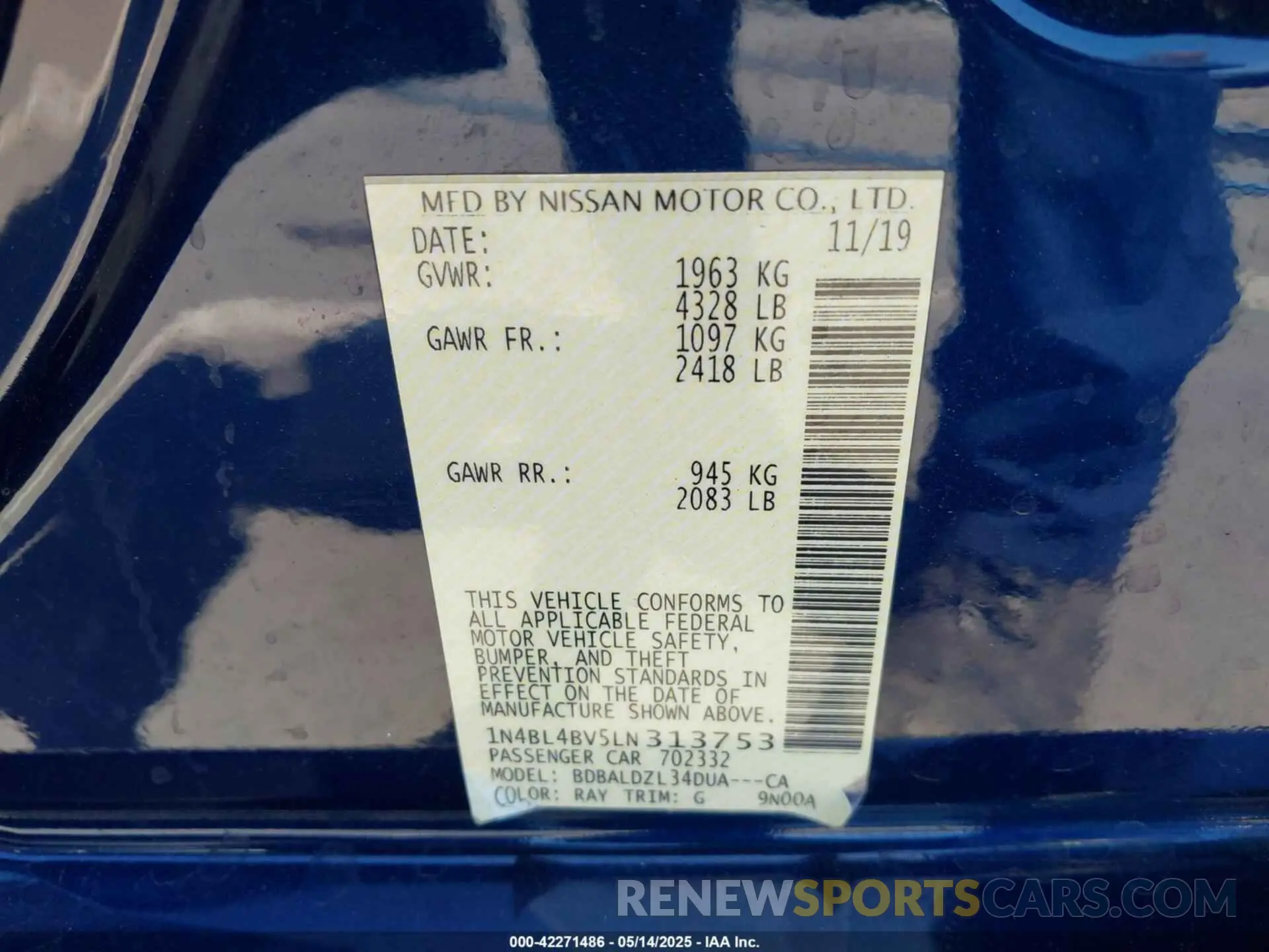 9 Photograph of a damaged car 1N4BL4BV5LN313753 NISSAN ALTIMA 2020