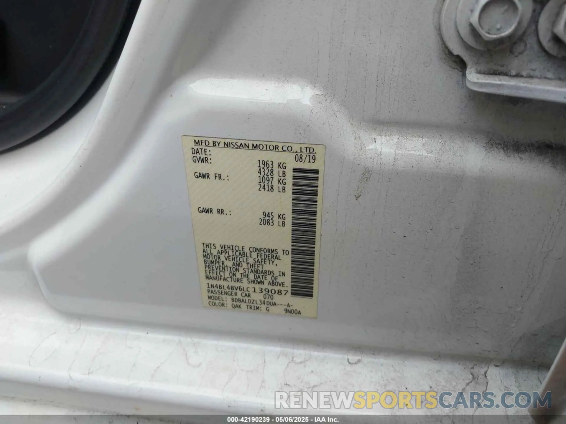 9 Photograph of a damaged car 1N4BL4BV6LC139087 NISSAN ALTIMA 2020