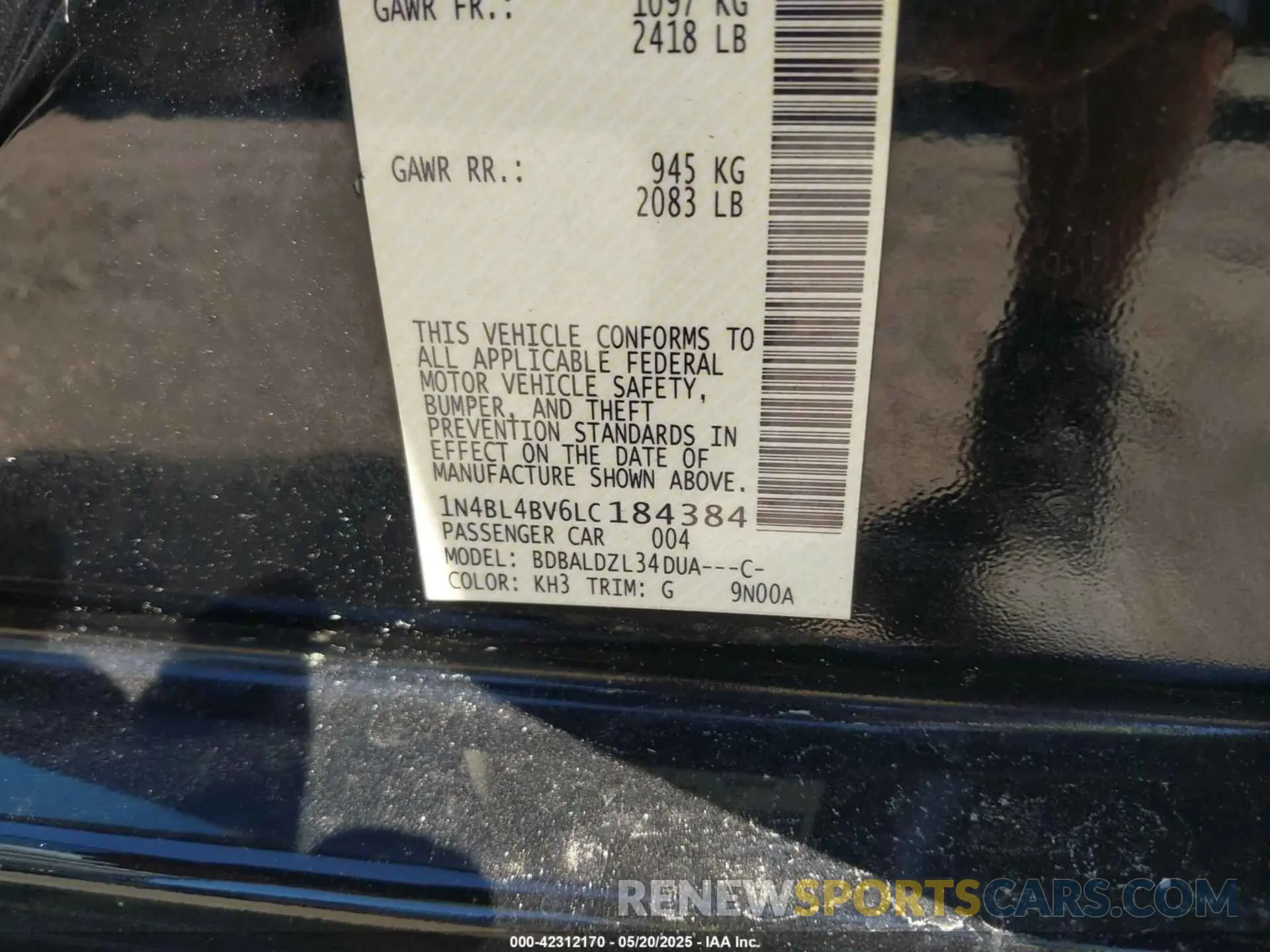 9 Photograph of a damaged car 1N4BL4BV6LC184384 NISSAN ALTIMA 2020