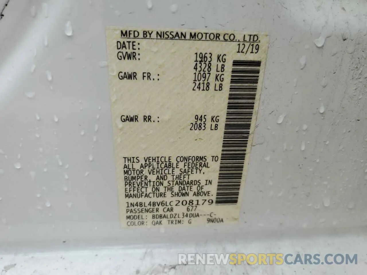 12 Photograph of a damaged car 1N4BL4BV6LC208179 NISSAN ALTIMA 2020