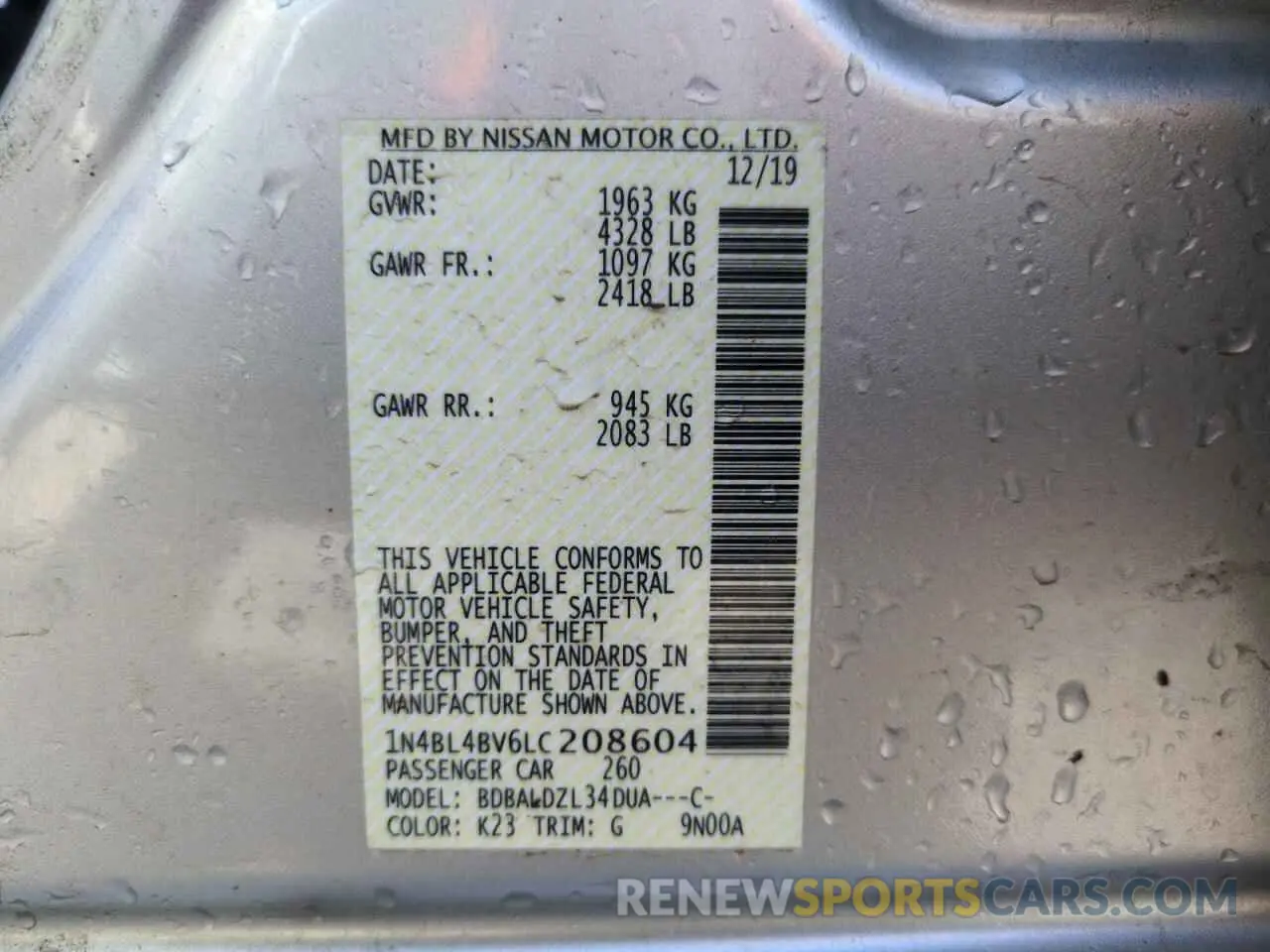 13 Photograph of a damaged car 1N4BL4BV6LC208604 NISSAN ALTIMA 2020