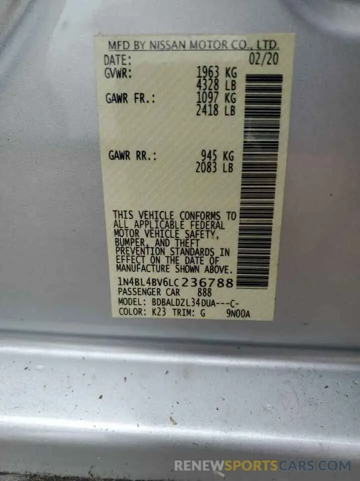 12 Фотография поврежденного автомобиля 1N4BL4BV6LC236788 NISSAN ALTIMA 2020