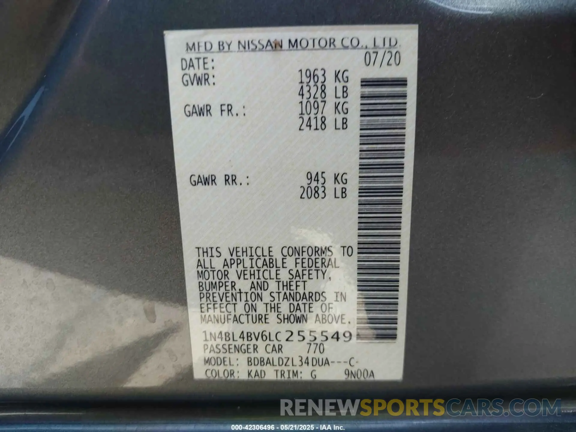 9 Фотография поврежденного автомобиля 1N4BL4BV6LC255549 NISSAN ALTIMA 2020