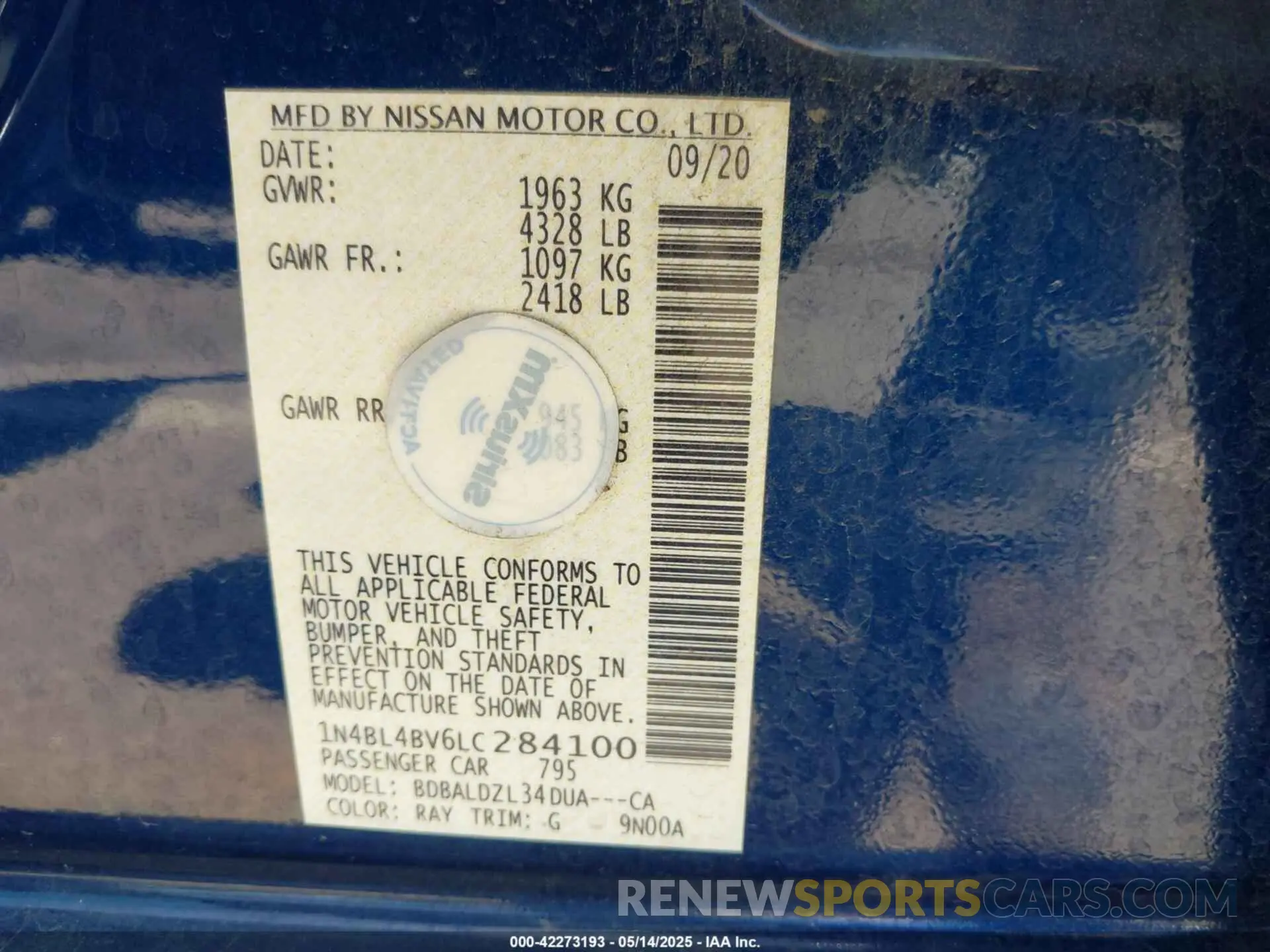 9 Фотография поврежденного автомобиля 1N4BL4BV6LC284100 NISSAN ALTIMA 2020