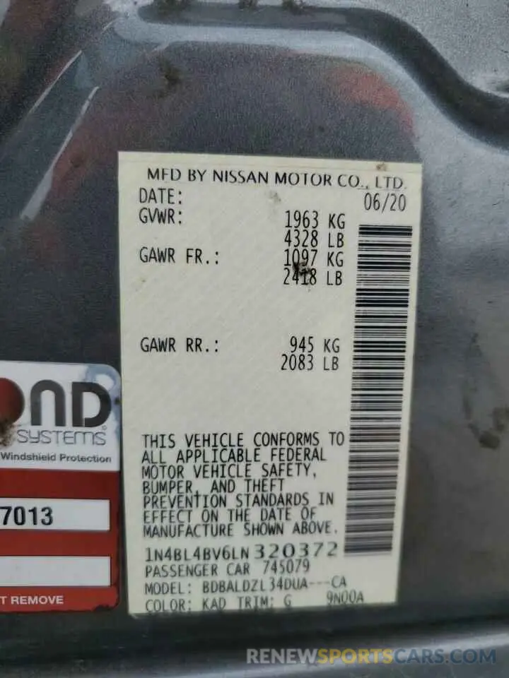 12 Фотография поврежденного автомобиля 1N4BL4BV6LN320372 NISSAN ALTIMA 2020