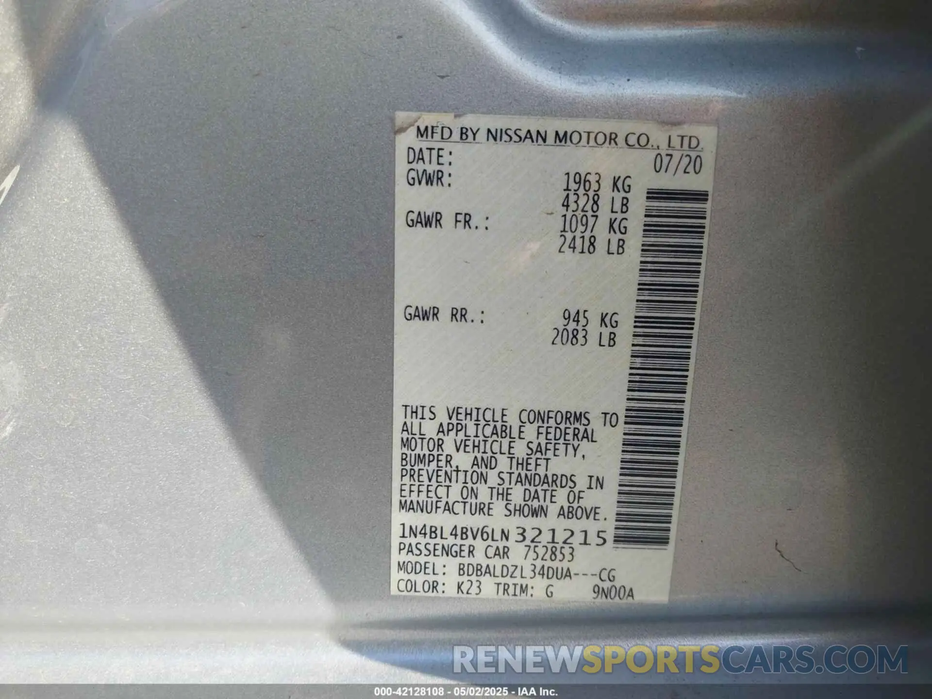 9 Фотография поврежденного автомобиля 1N4BL4BV6LN321215 NISSAN ALTIMA 2020