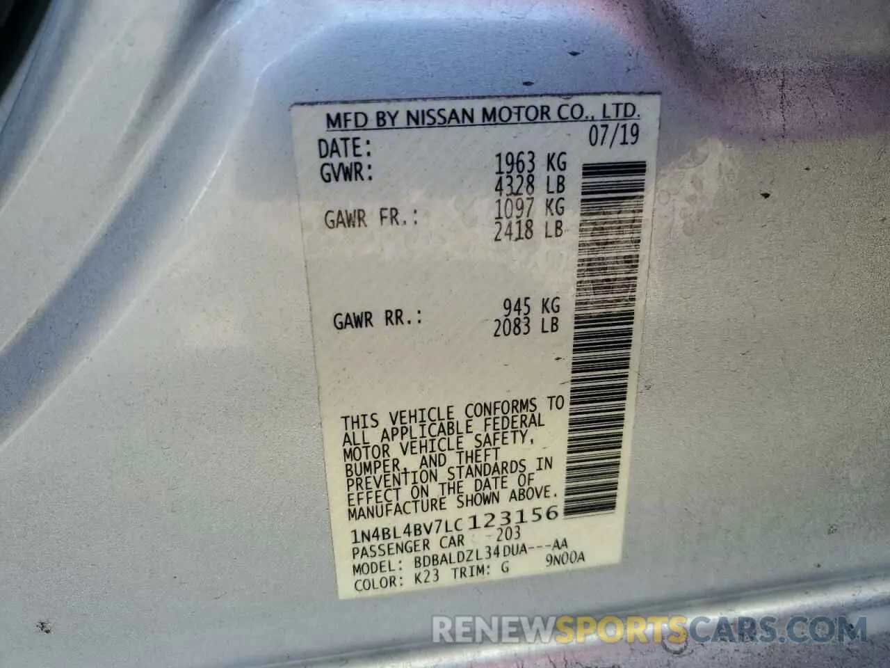 12 Photograph of a damaged car 1N4BL4BV7LC123156 NISSAN ALTIMA 2020