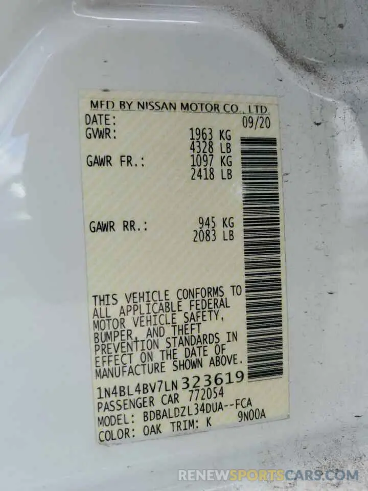 13 Фотография поврежденного автомобиля 1N4BL4BV7LN323619 NISSAN ALTIMA 2020