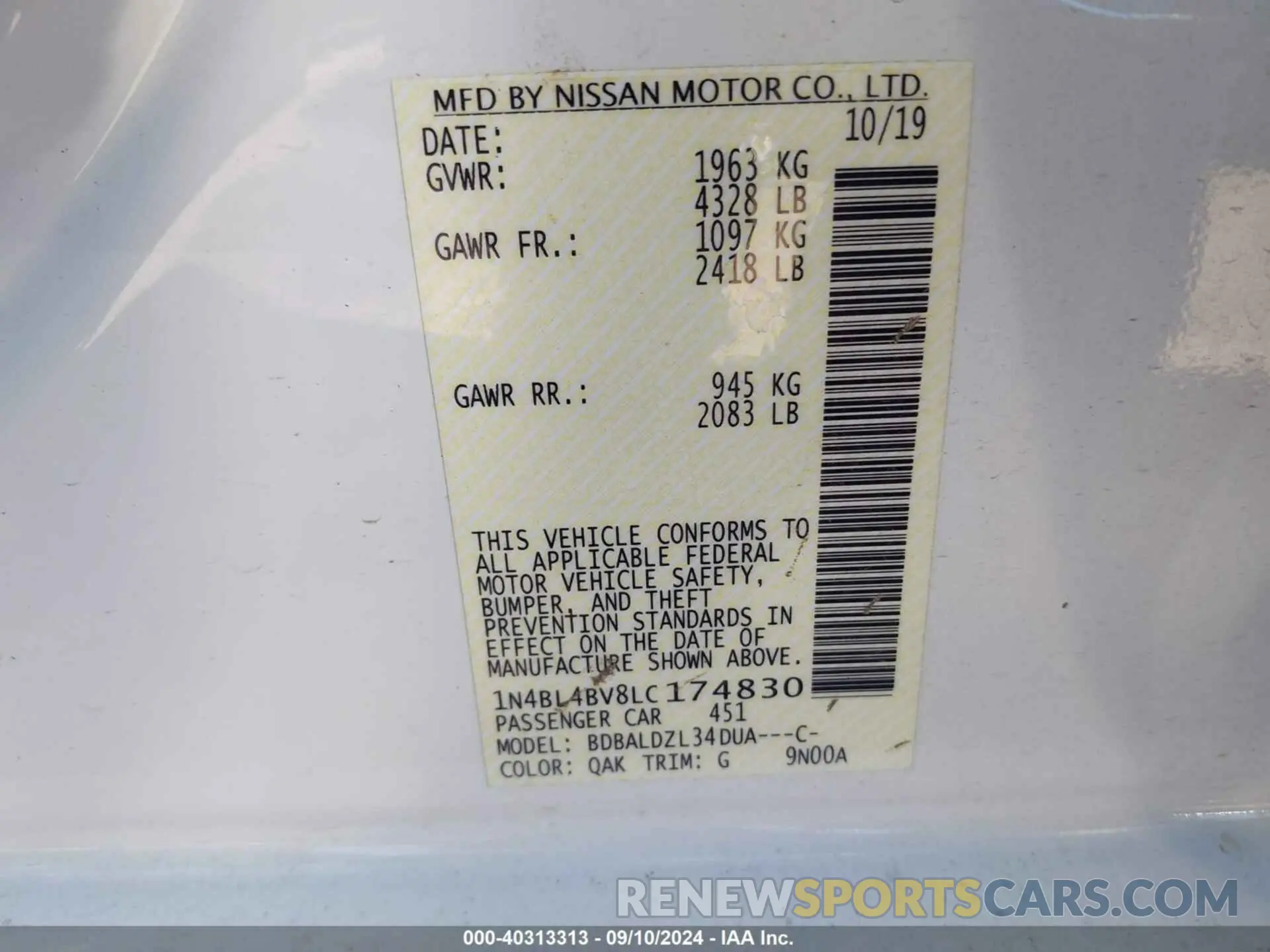 9 Фотография поврежденного автомобиля 1N4BL4BV8LC174830 NISSAN ALTIMA 2020