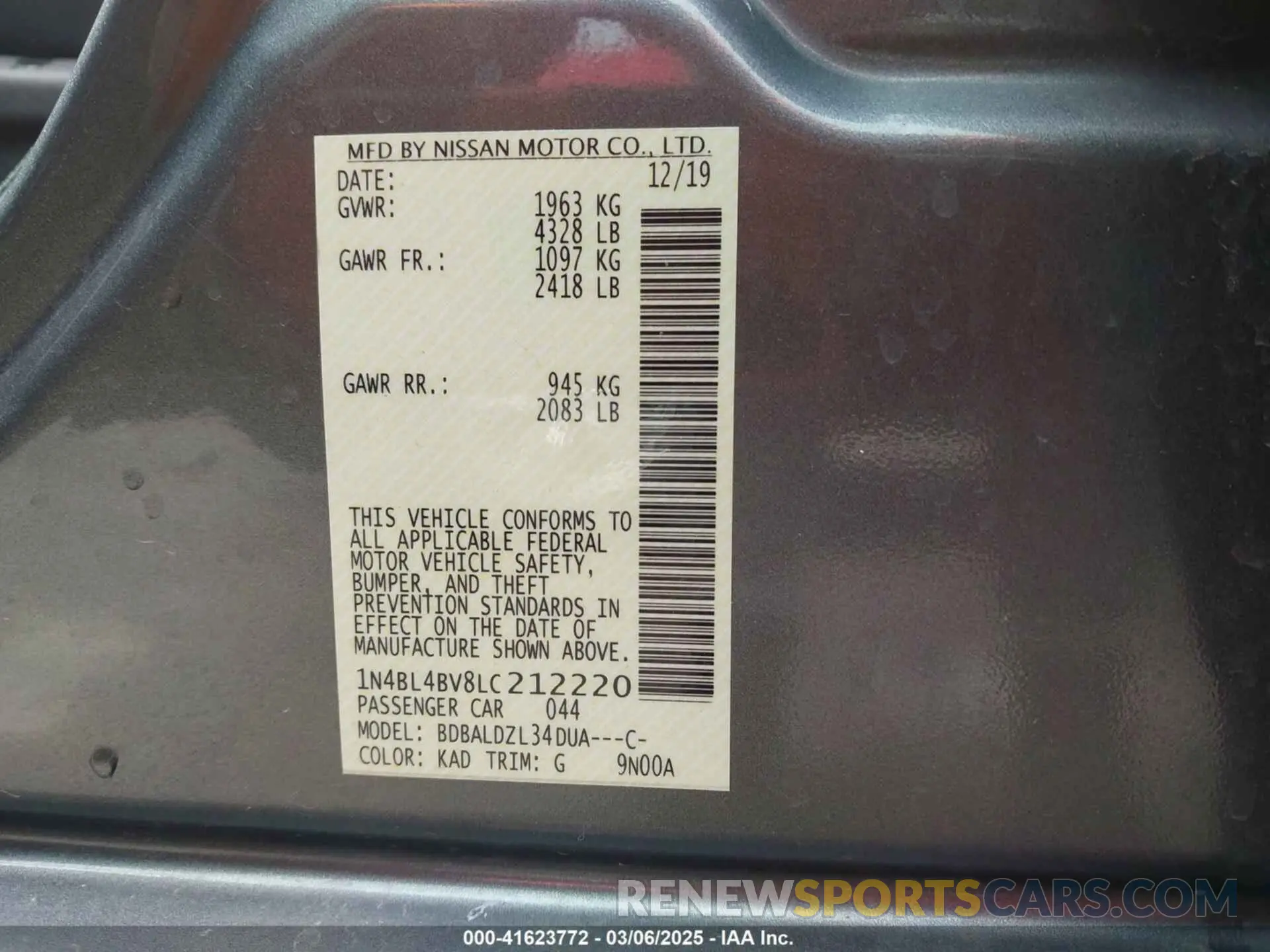 9 Photograph of a damaged car 1N4BL4BV8LC212220 NISSAN ALTIMA 2020