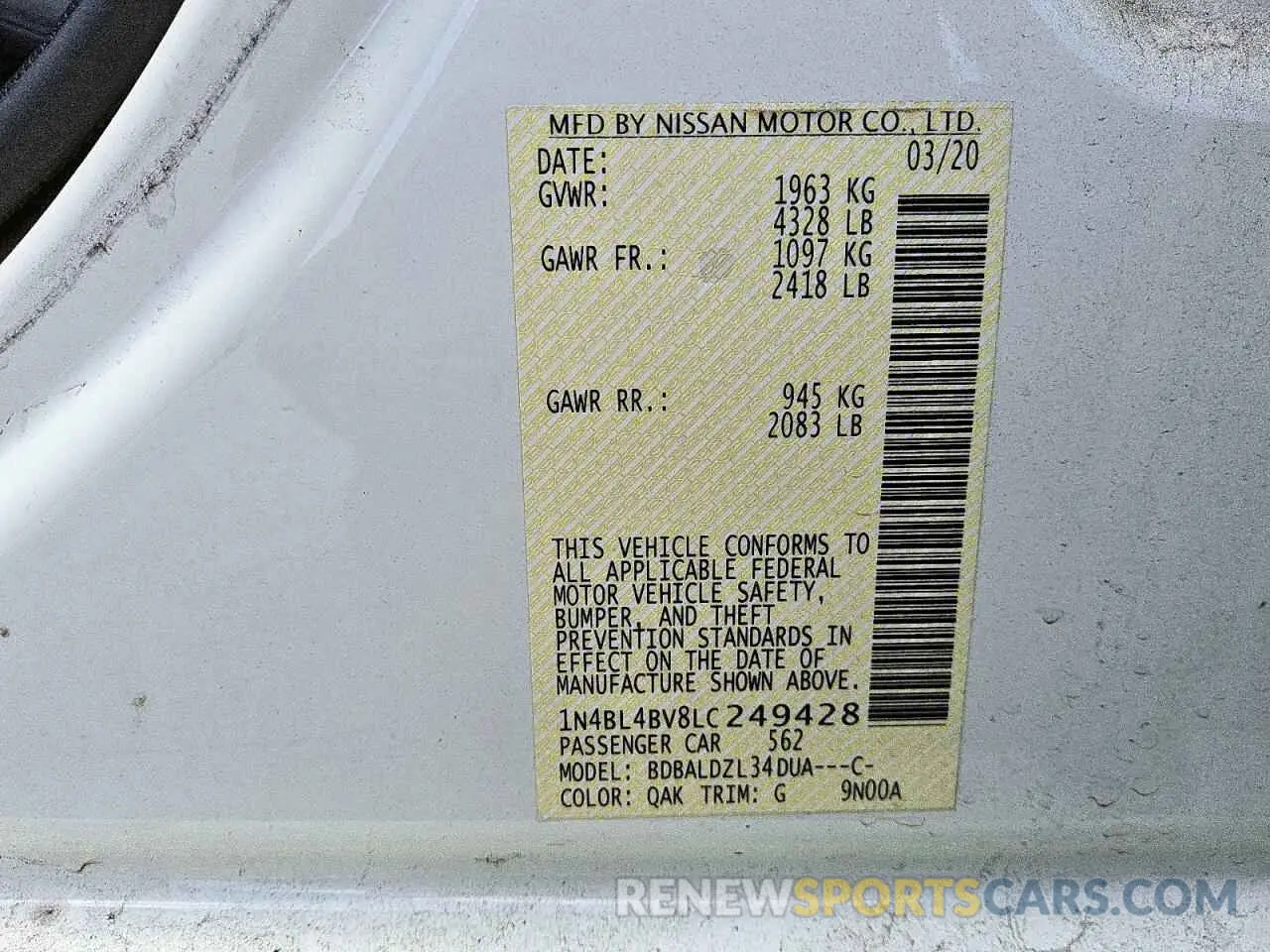 12 Photograph of a damaged car 1N4BL4BV8LC249428 NISSAN ALTIMA 2020