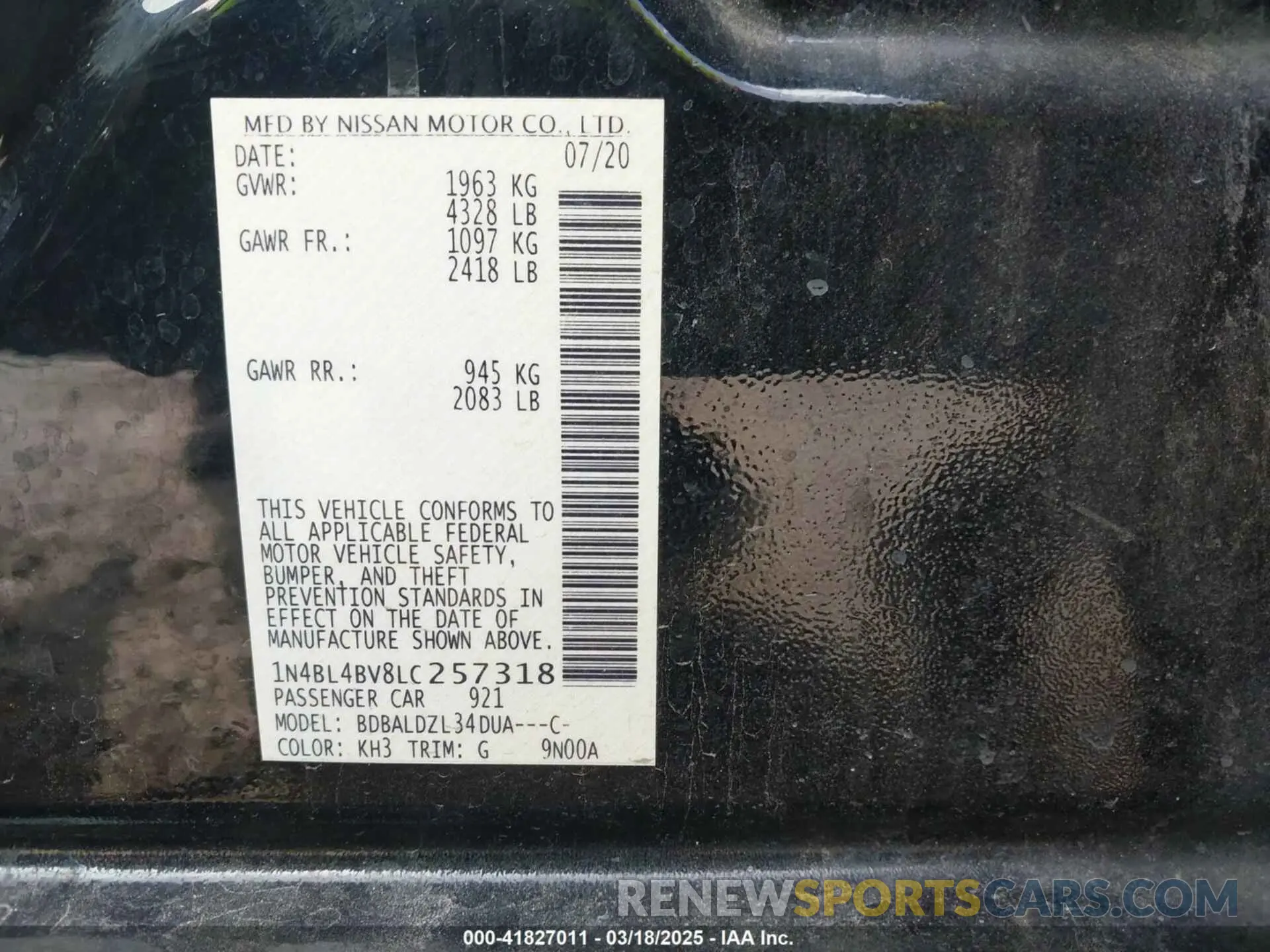 9 Photograph of a damaged car 1N4BL4BV8LC257318 NISSAN ALTIMA 2020