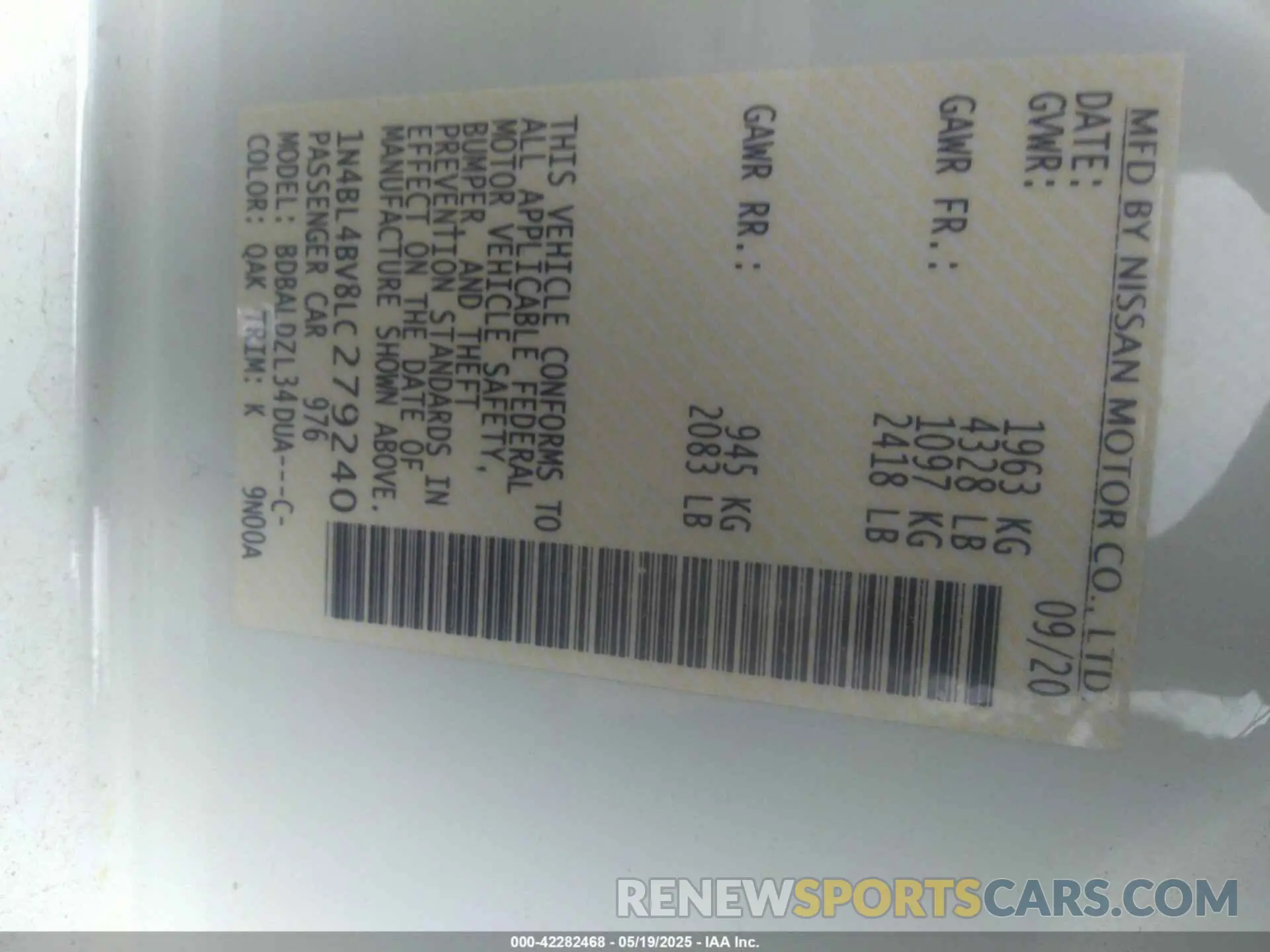 9 Фотография поврежденного автомобиля 1N4BL4BV8LC279240 NISSAN ALTIMA 2020