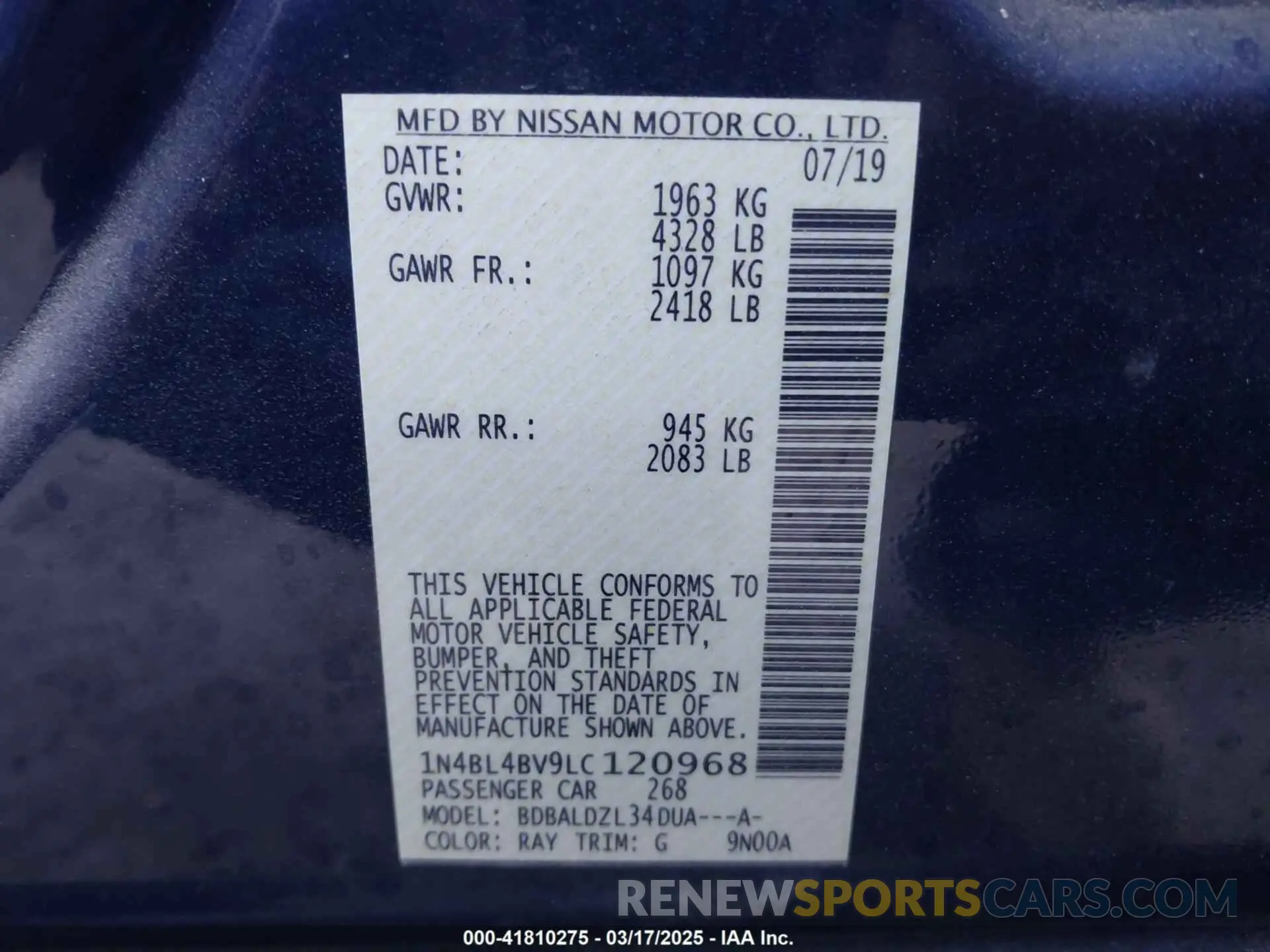 9 Photograph of a damaged car 1N4BL4BV9LC120968 NISSAN ALTIMA 2020
