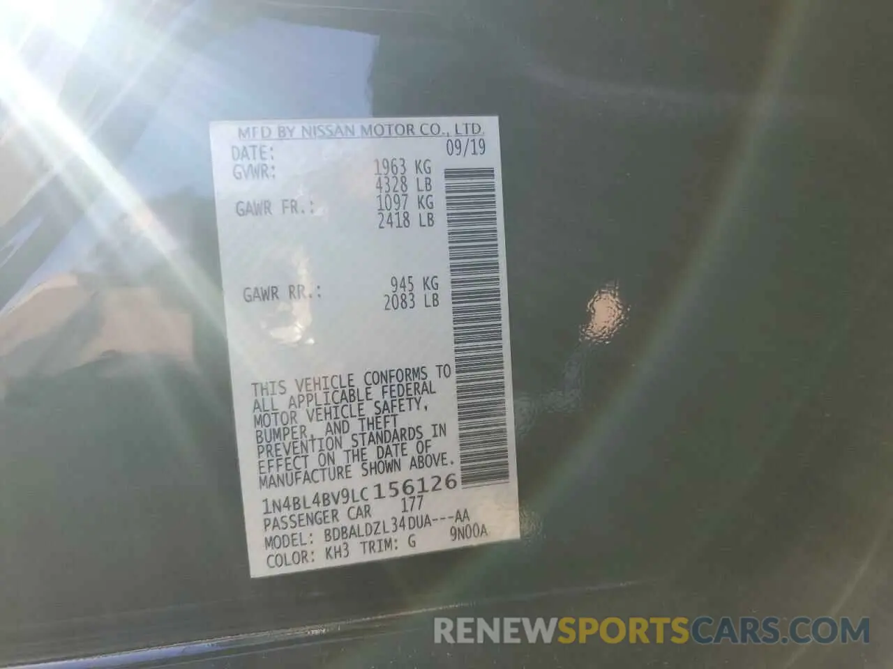 12 Photograph of a damaged car 1N4BL4BV9LC156126 NISSAN ALTIMA 2020