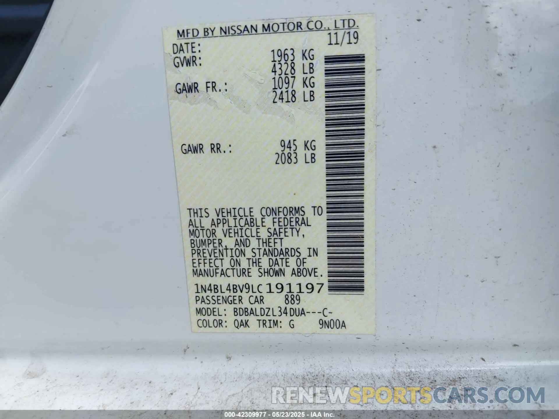 9 Фотография поврежденного автомобиля 1N4BL4BV9LC191197 NISSAN ALTIMA 2020