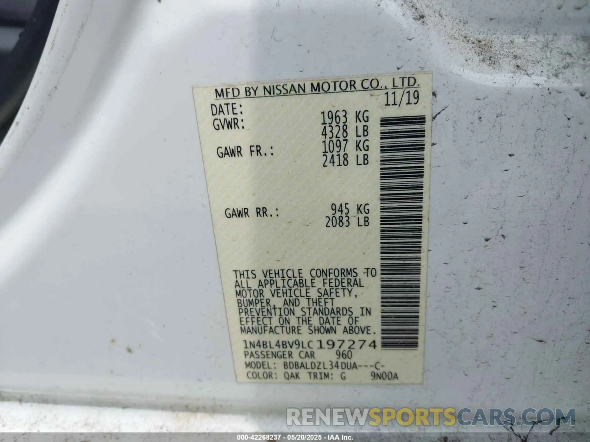 9 Фотография поврежденного автомобиля 1N4BL4BV9LC197274 NISSAN ALTIMA 2020