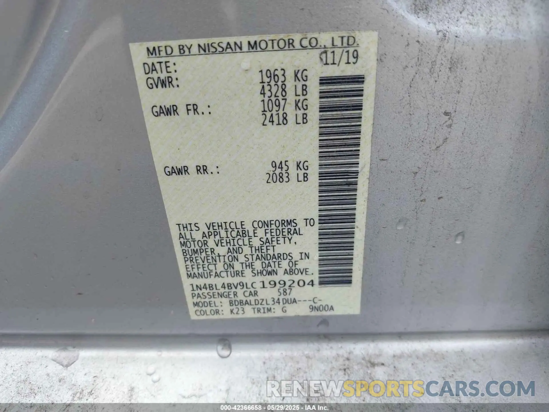 9 Photograph of a damaged car 1N4BL4BV9LC199204 NISSAN ALTIMA 2020