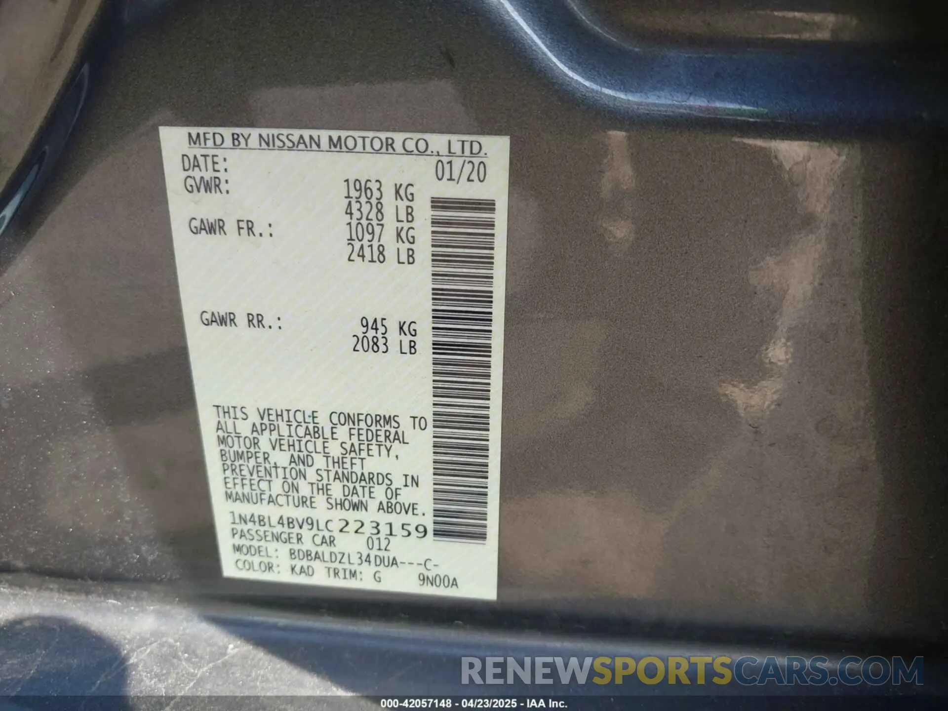 9 Photograph of a damaged car 1N4BL4BV9LC223159 NISSAN ALTIMA 2020