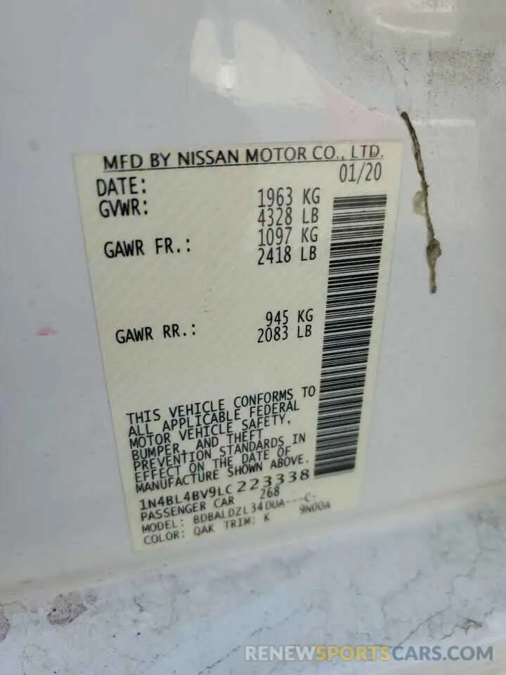 12 Фотография поврежденного автомобиля 1N4BL4BV9LC223338 NISSAN ALTIMA 2020