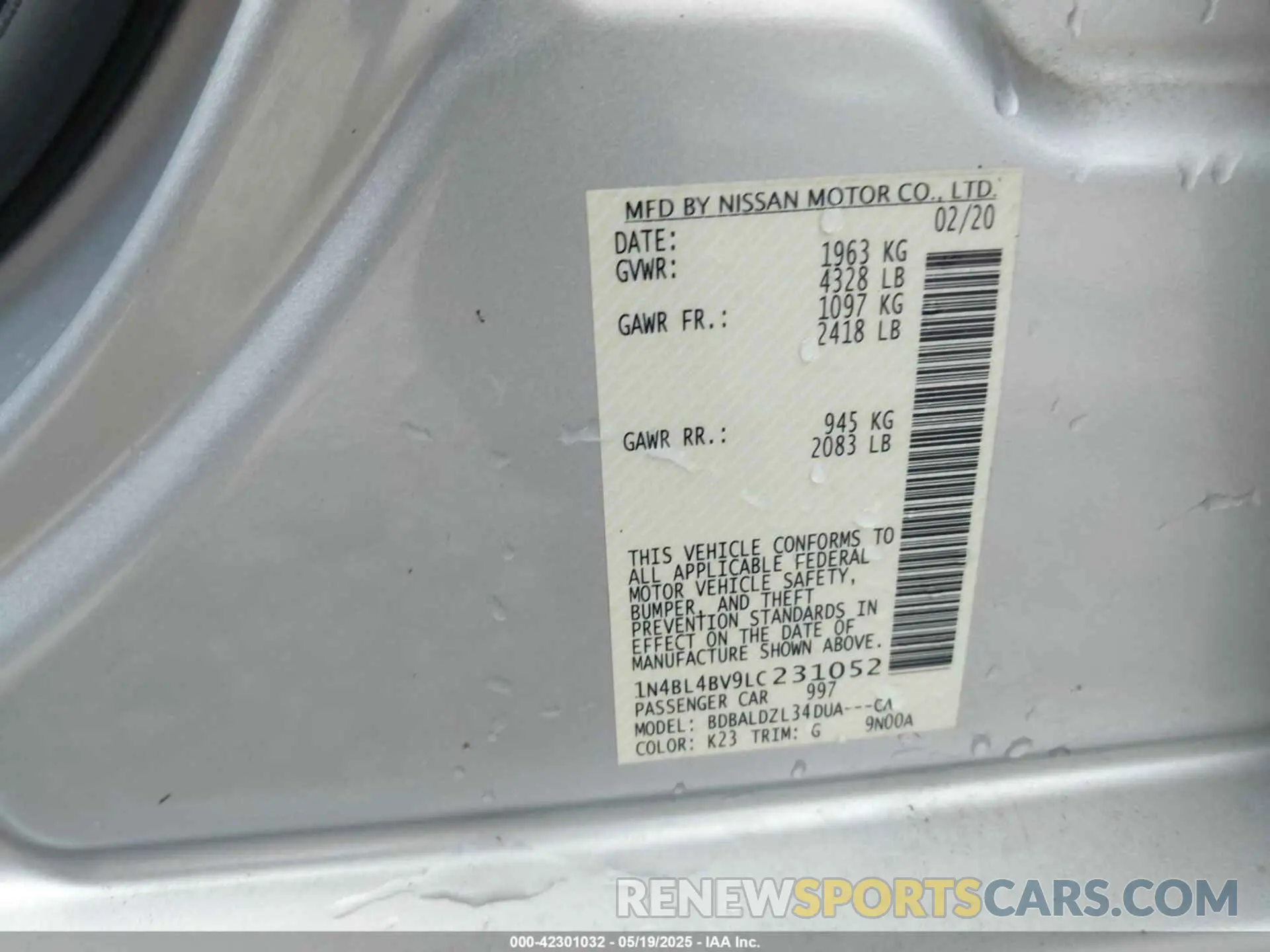 9 Photograph of a damaged car 1N4BL4BV9LC231052 NISSAN ALTIMA 2020