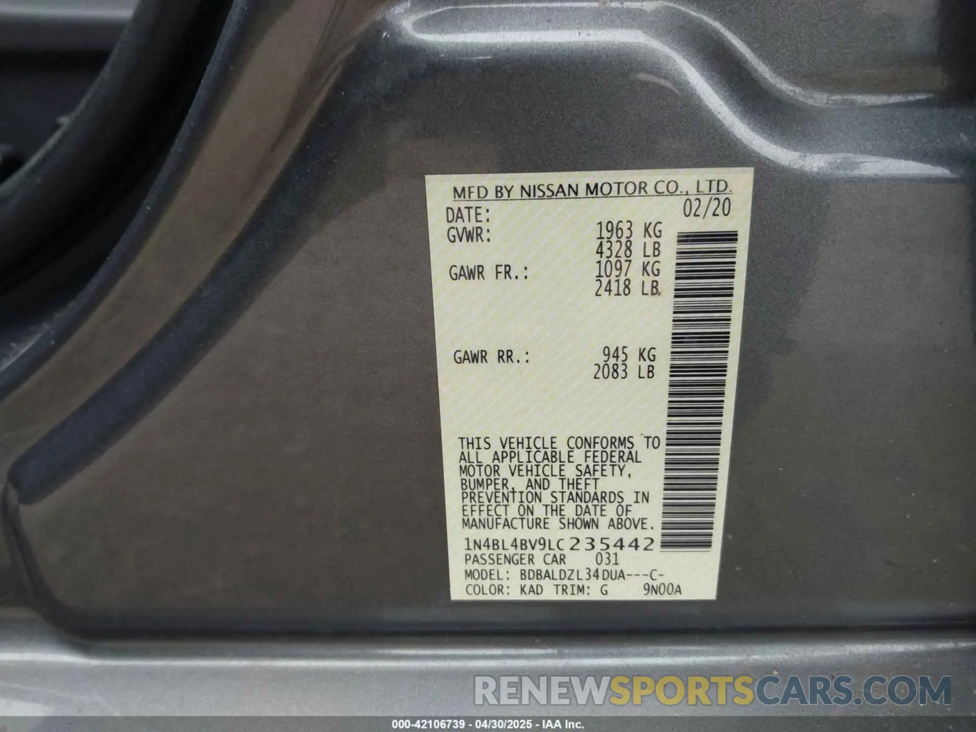 9 Фотография поврежденного автомобиля 1N4BL4BV9LC235442 NISSAN ALTIMA 2020