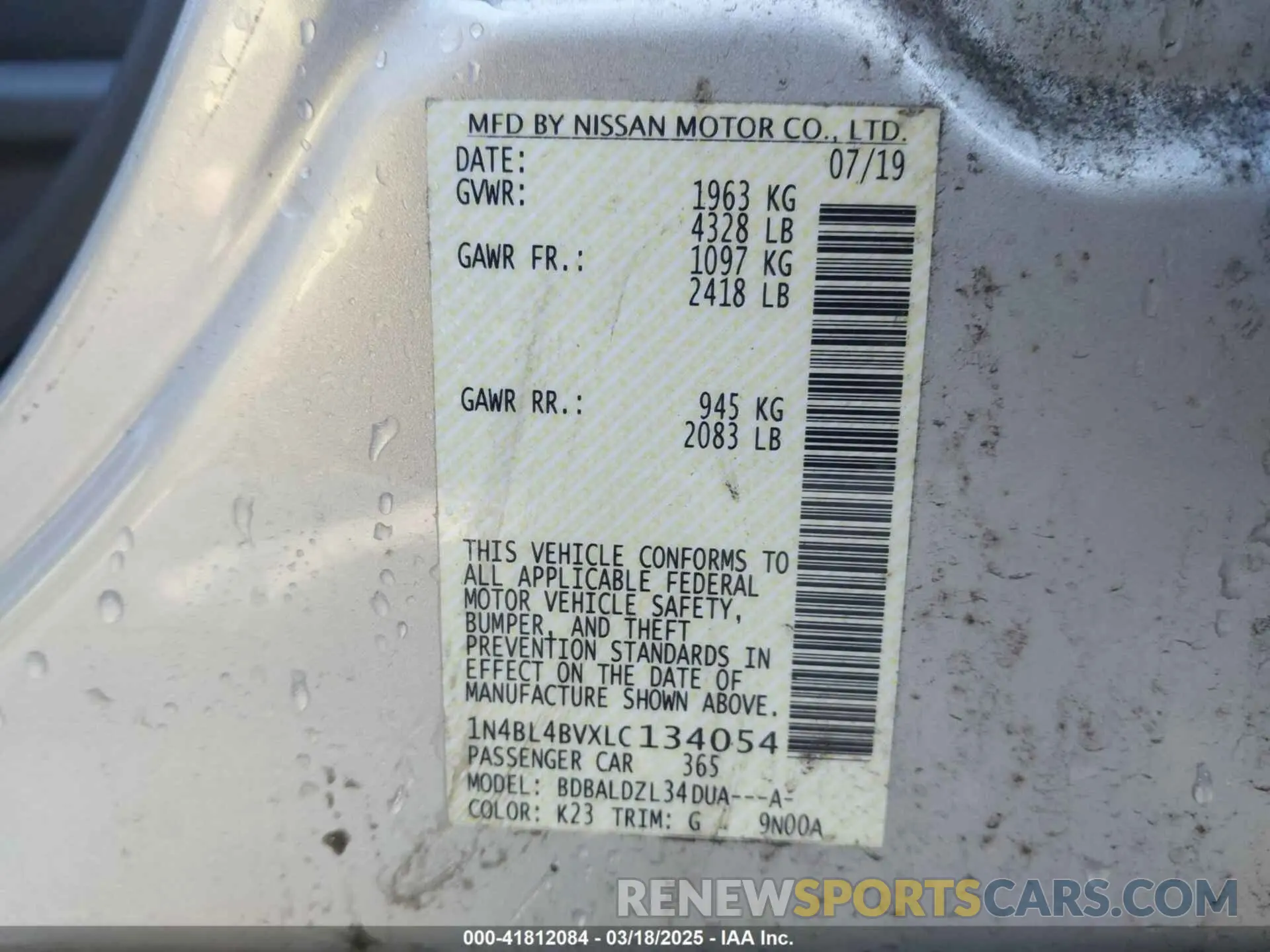 9 Photograph of a damaged car 1N4BL4BVXLC134054 NISSAN ALTIMA 2020