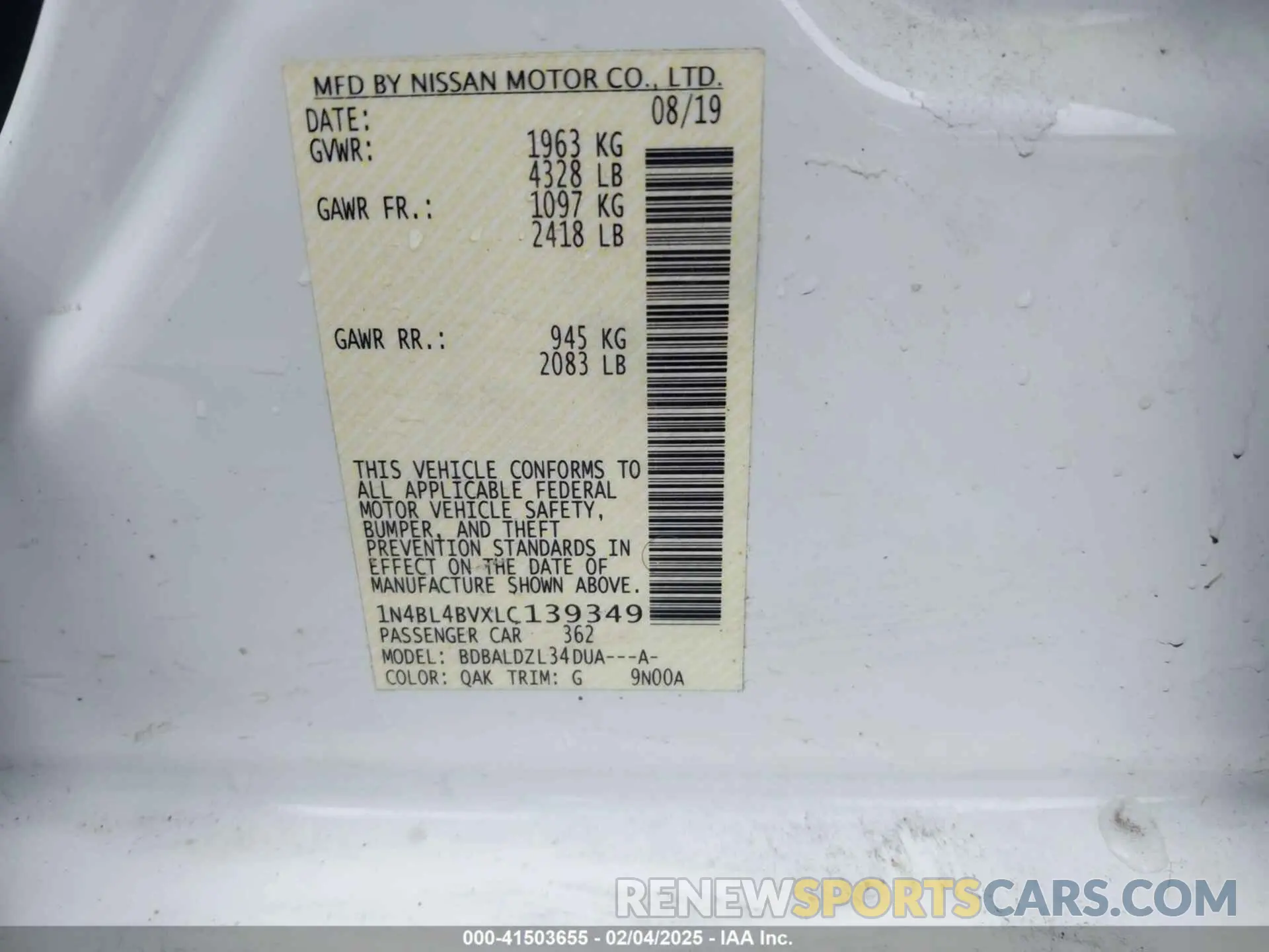 9 Photograph of a damaged car 1N4BL4BVXLC139349 NISSAN ALTIMA 2020