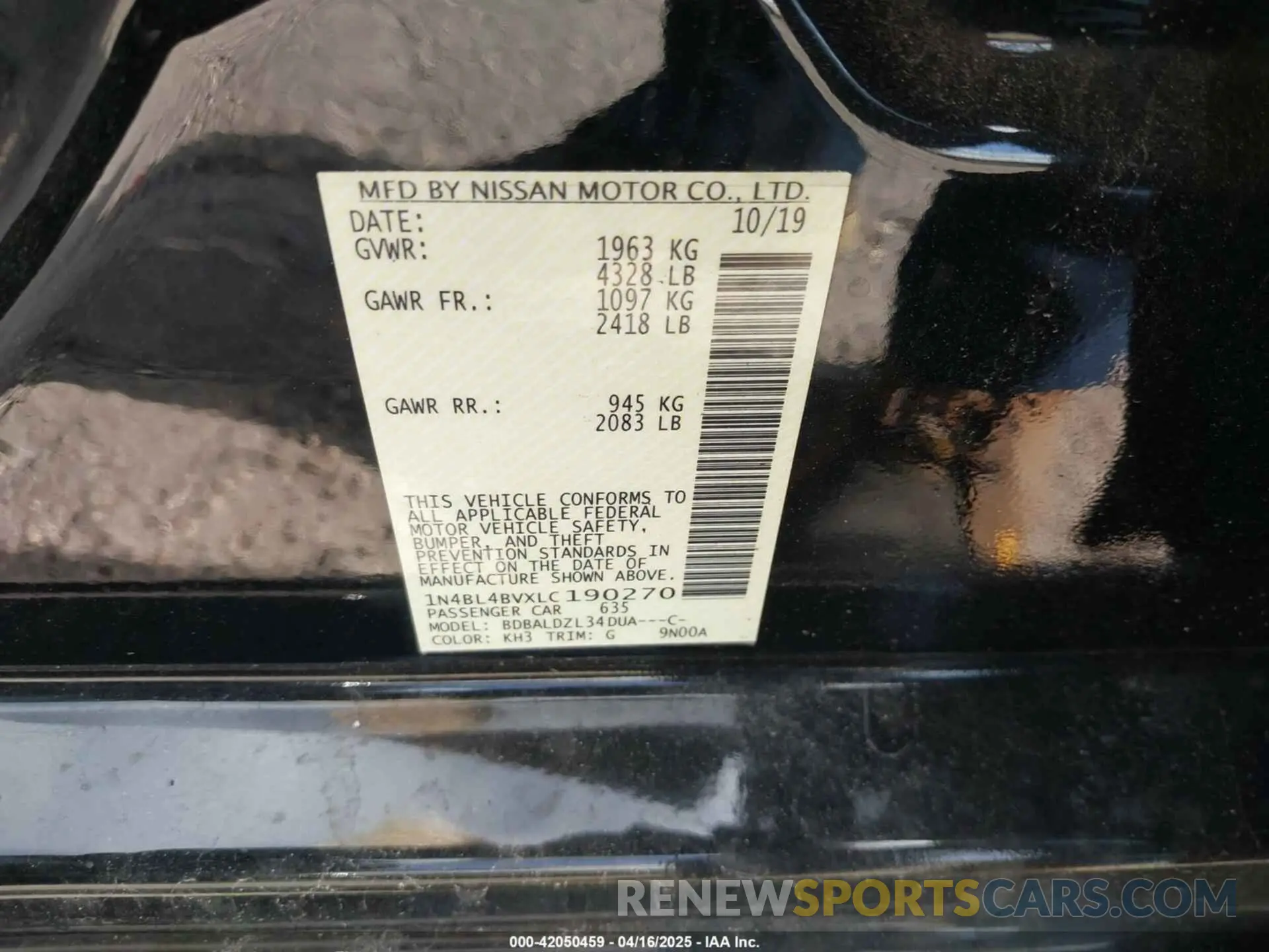 9 Photograph of a damaged car 1N4BL4BVXLC190270 NISSAN ALTIMA 2020