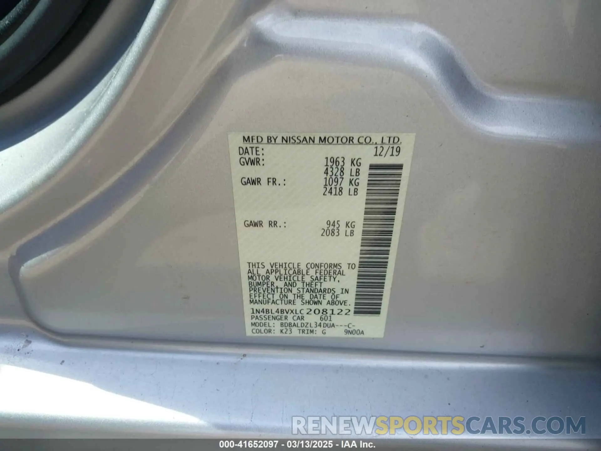 9 Photograph of a damaged car 1N4BL4BVXLC208122 NISSAN ALTIMA 2020