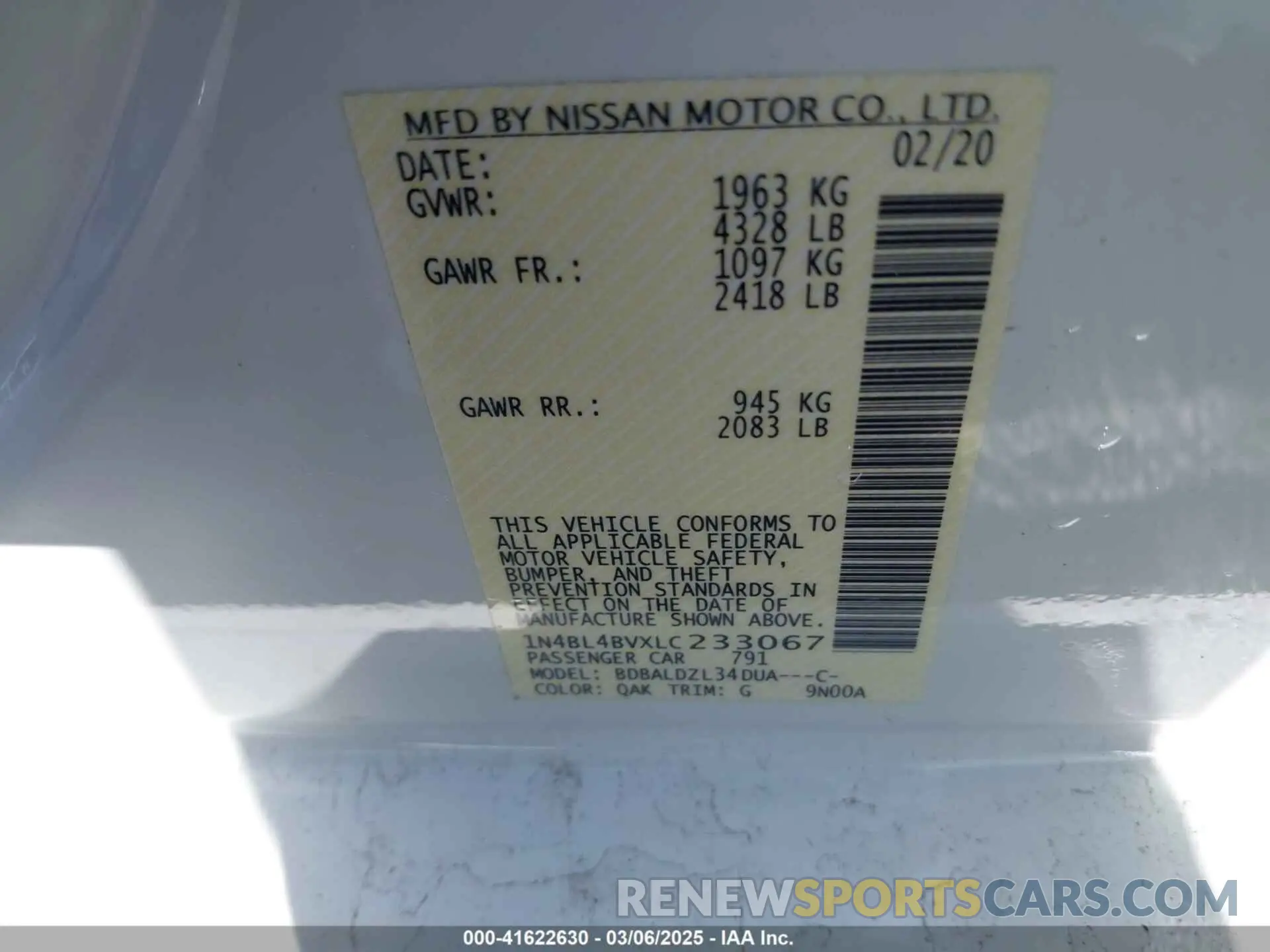 9 Photograph of a damaged car 1N4BL4BVXLC233067 NISSAN ALTIMA 2020