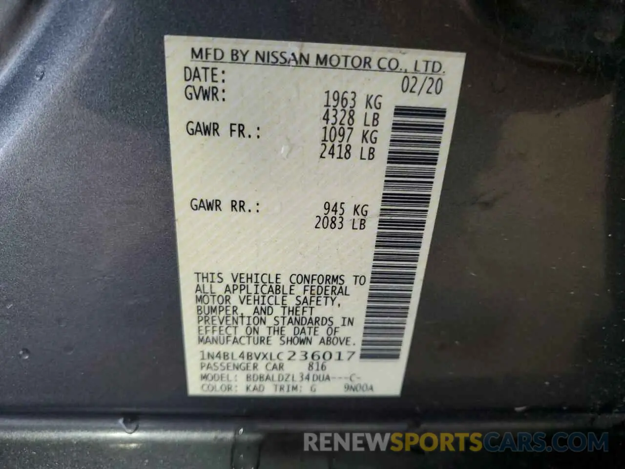 12 Photograph of a damaged car 1N4BL4BVXLC236017 NISSAN ALTIMA 2020