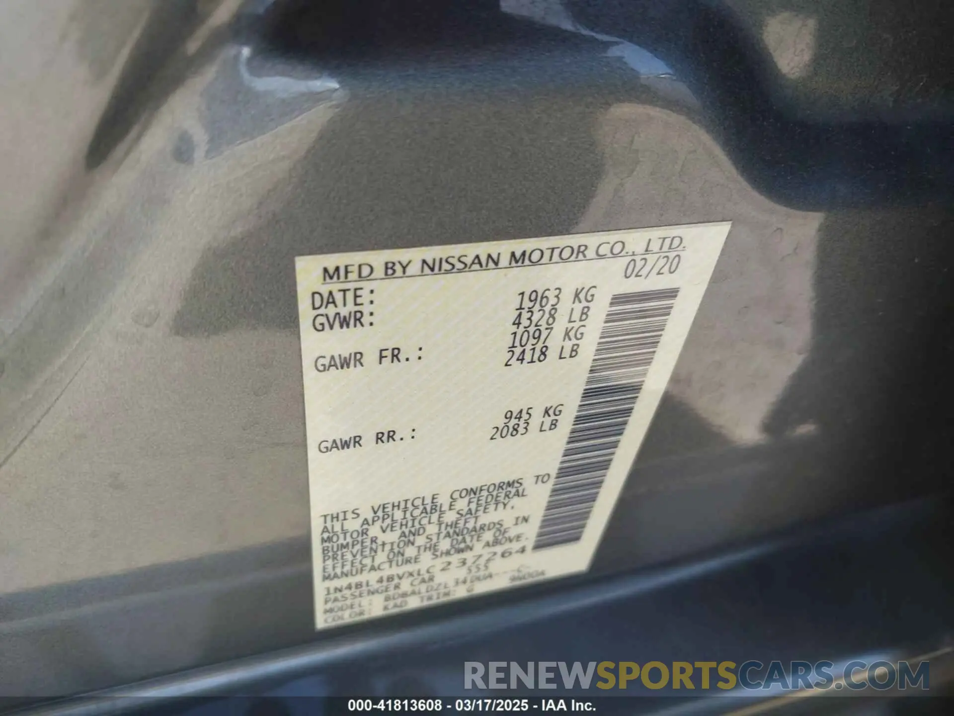 9 Photograph of a damaged car 1N4BL4BVXLC237264 NISSAN ALTIMA 2020