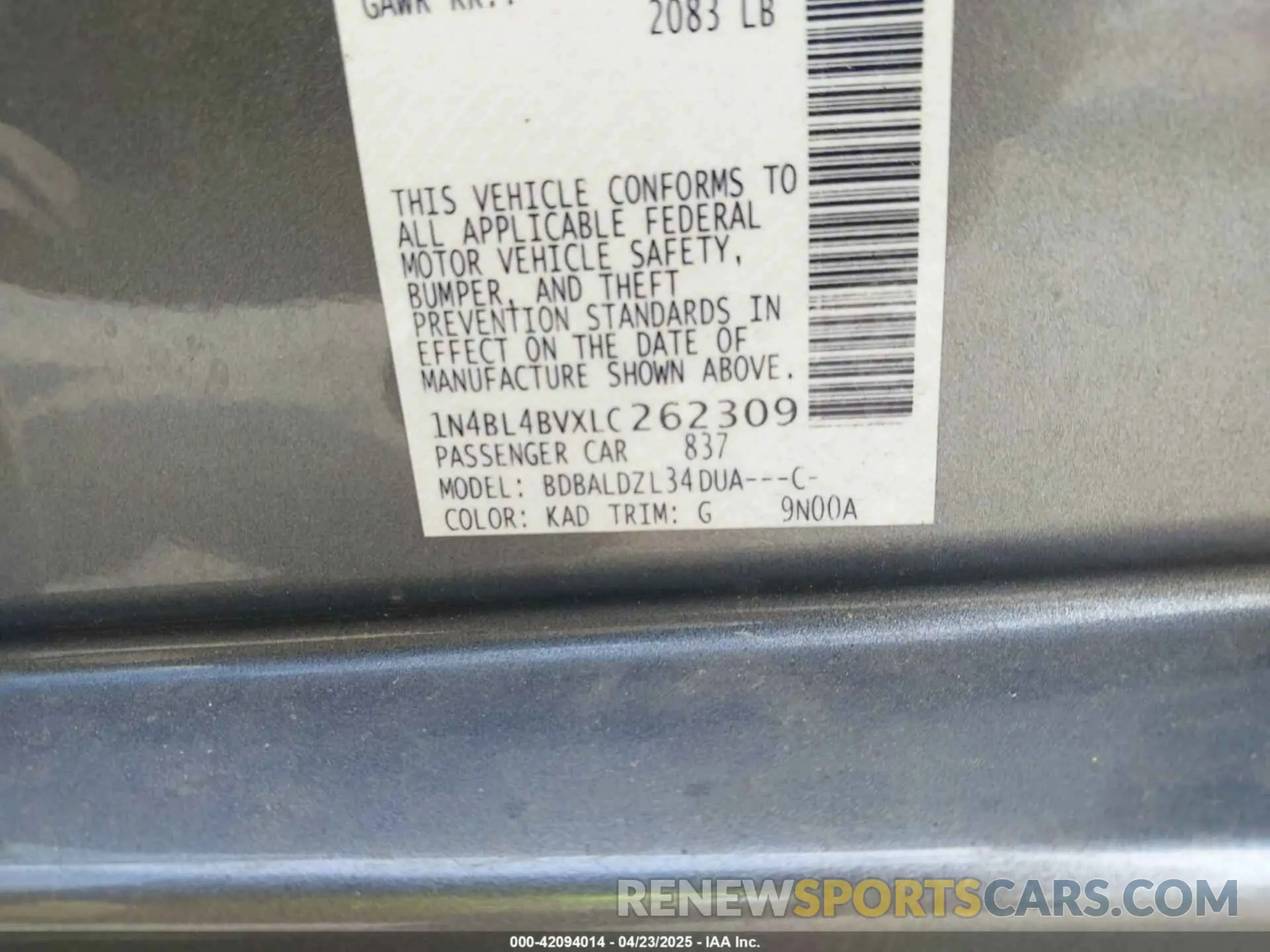9 Фотография поврежденного автомобиля 1N4BL4BVXLC262309 NISSAN ALTIMA 2020