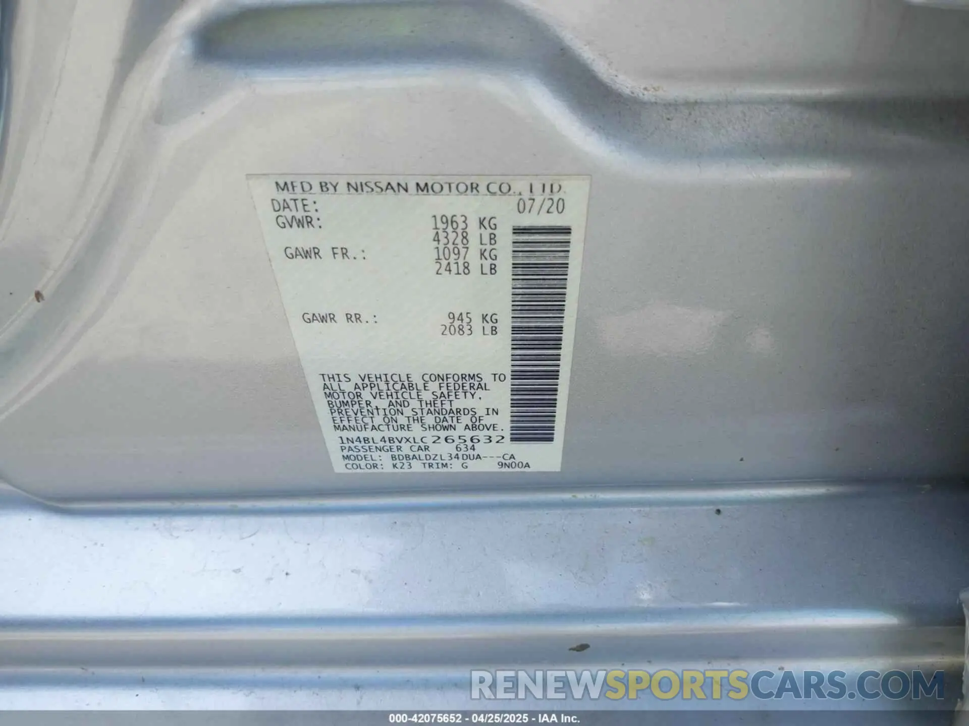 9 Фотография поврежденного автомобиля 1N4BL4BVXLC265632 NISSAN ALTIMA 2020