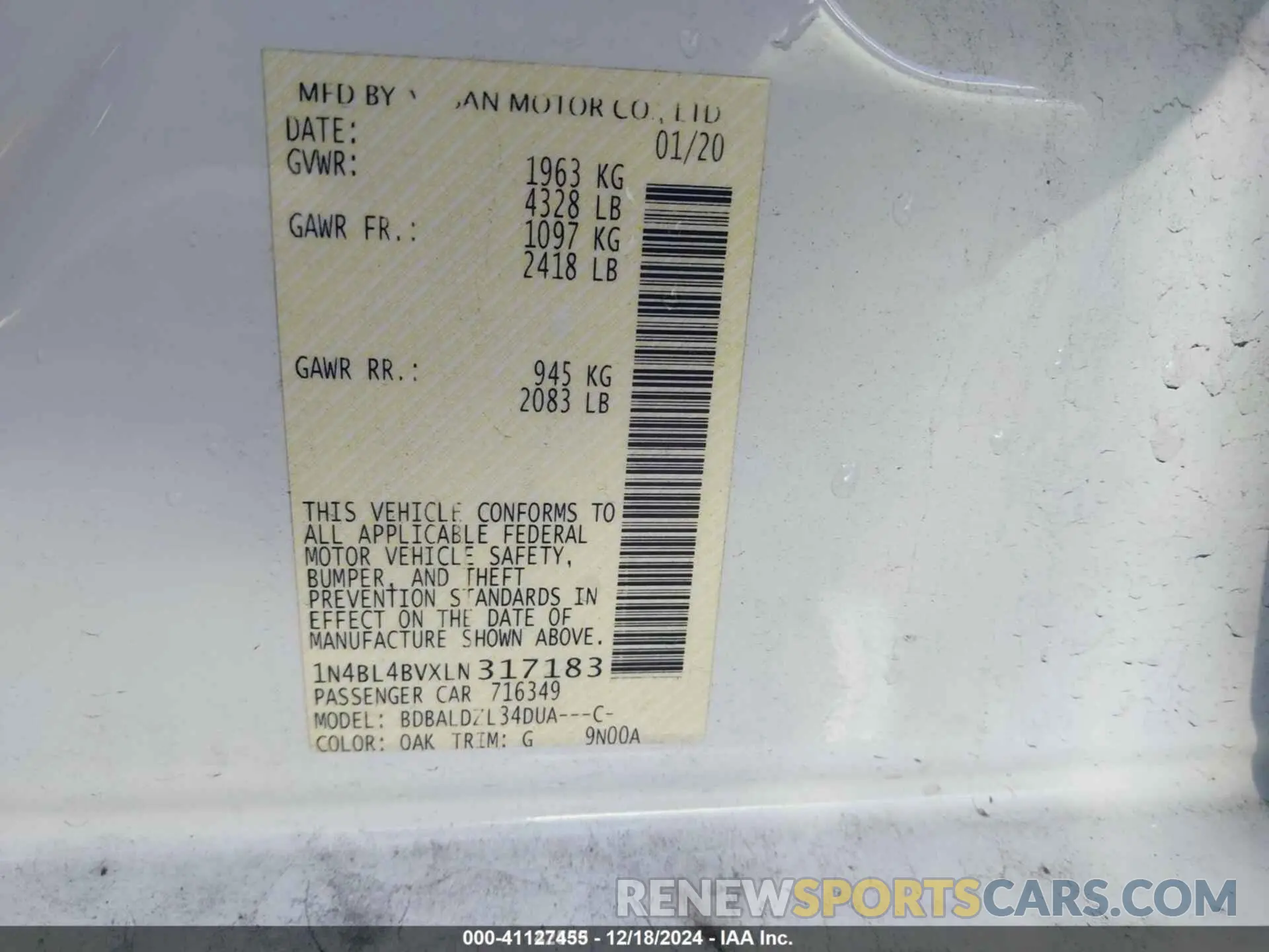 9 Фотография поврежденного автомобиля 1N4BL4BVXLN317183 NISSAN ALTIMA 2020