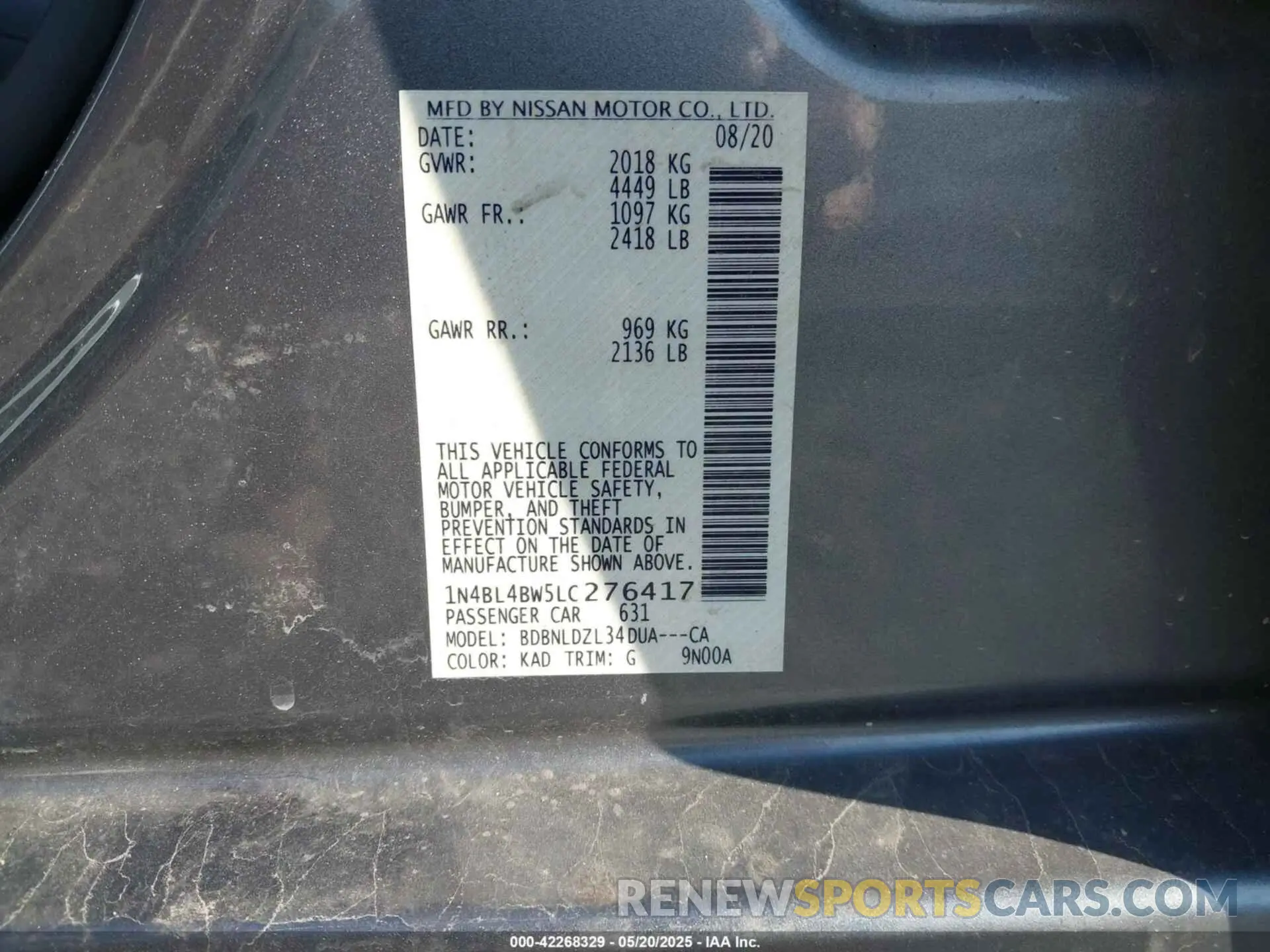 9 Photograph of a damaged car 1N4BL4BW5LC276417 NISSAN ALTIMA 2020