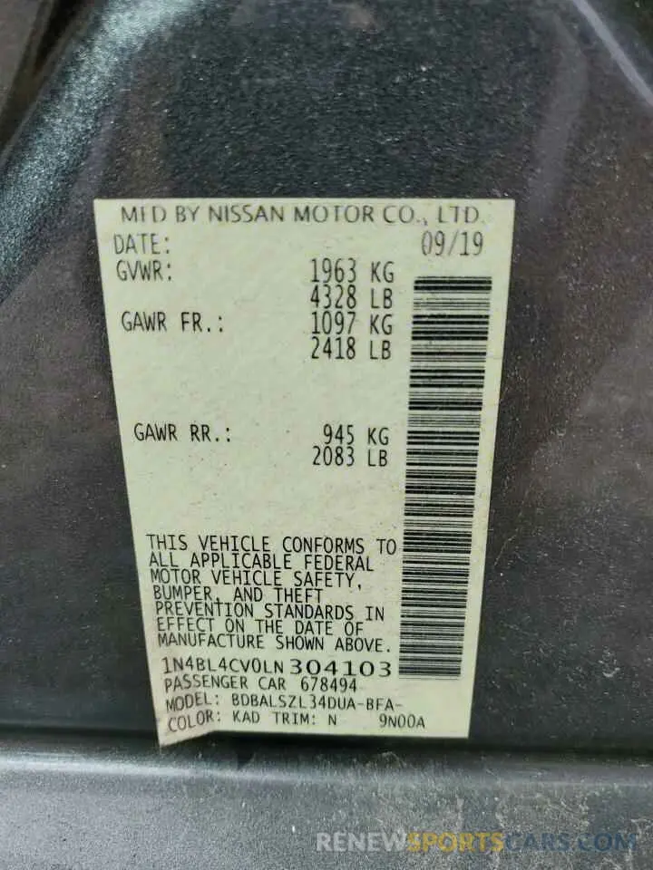 13 Фотография поврежденного автомобиля 1N4BL4CV0LN304103 NISSAN ALTIMA 2020