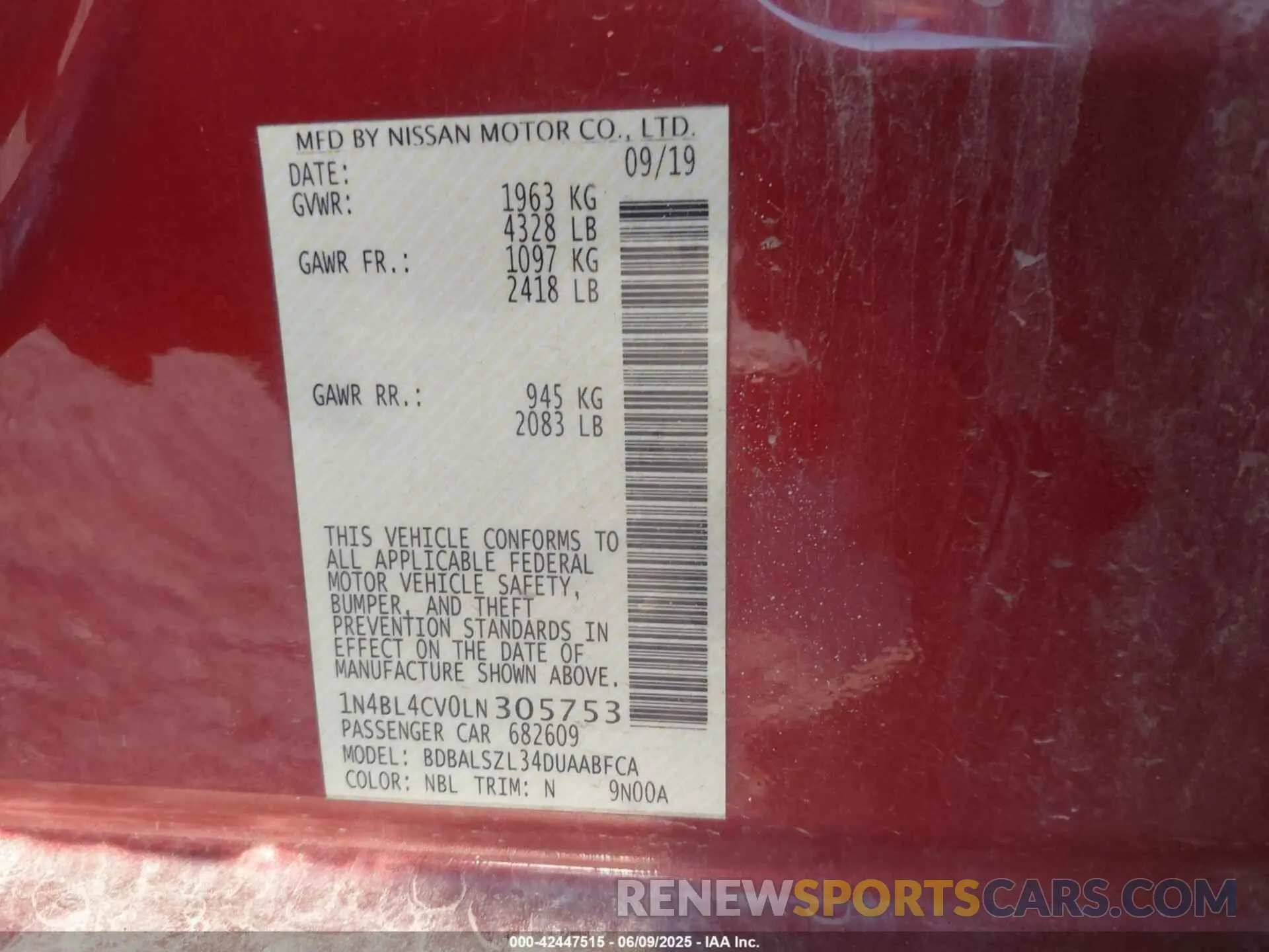 9 Photograph of a damaged car 1N4BL4CV0LN305753 NISSAN ALTIMA 2020