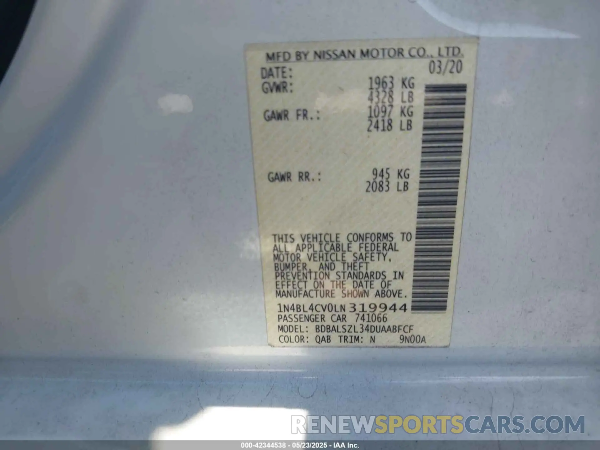 9 Photograph of a damaged car 1N4BL4CV0LN319944 NISSAN ALTIMA 2020