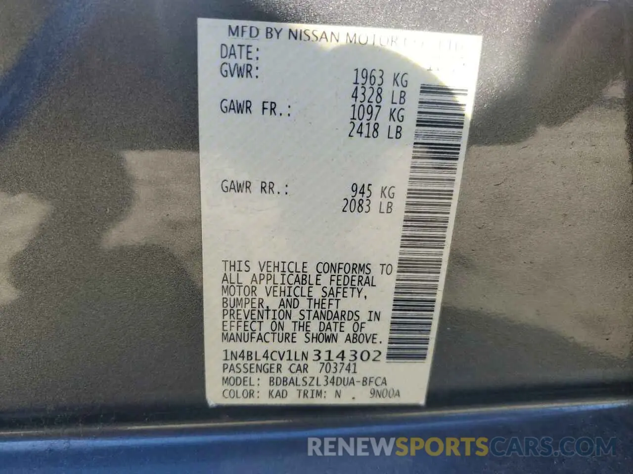 12 Photograph of a damaged car 1N4BL4CV1LN314302 NISSAN ALTIMA 2020