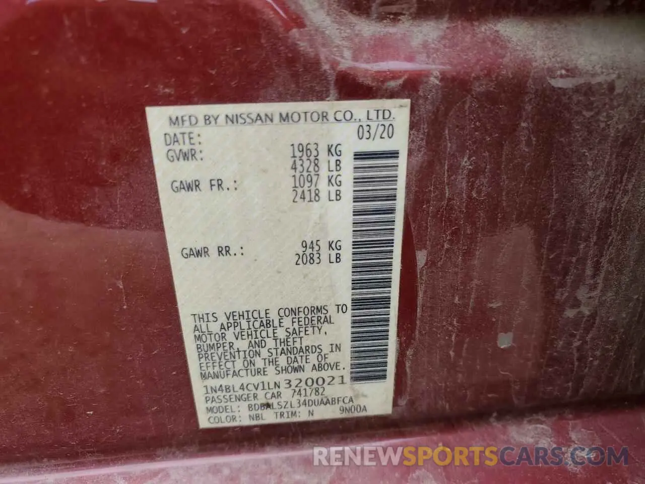 12 Photograph of a damaged car 1N4BL4CV1LN320021 NISSAN ALTIMA 2020
