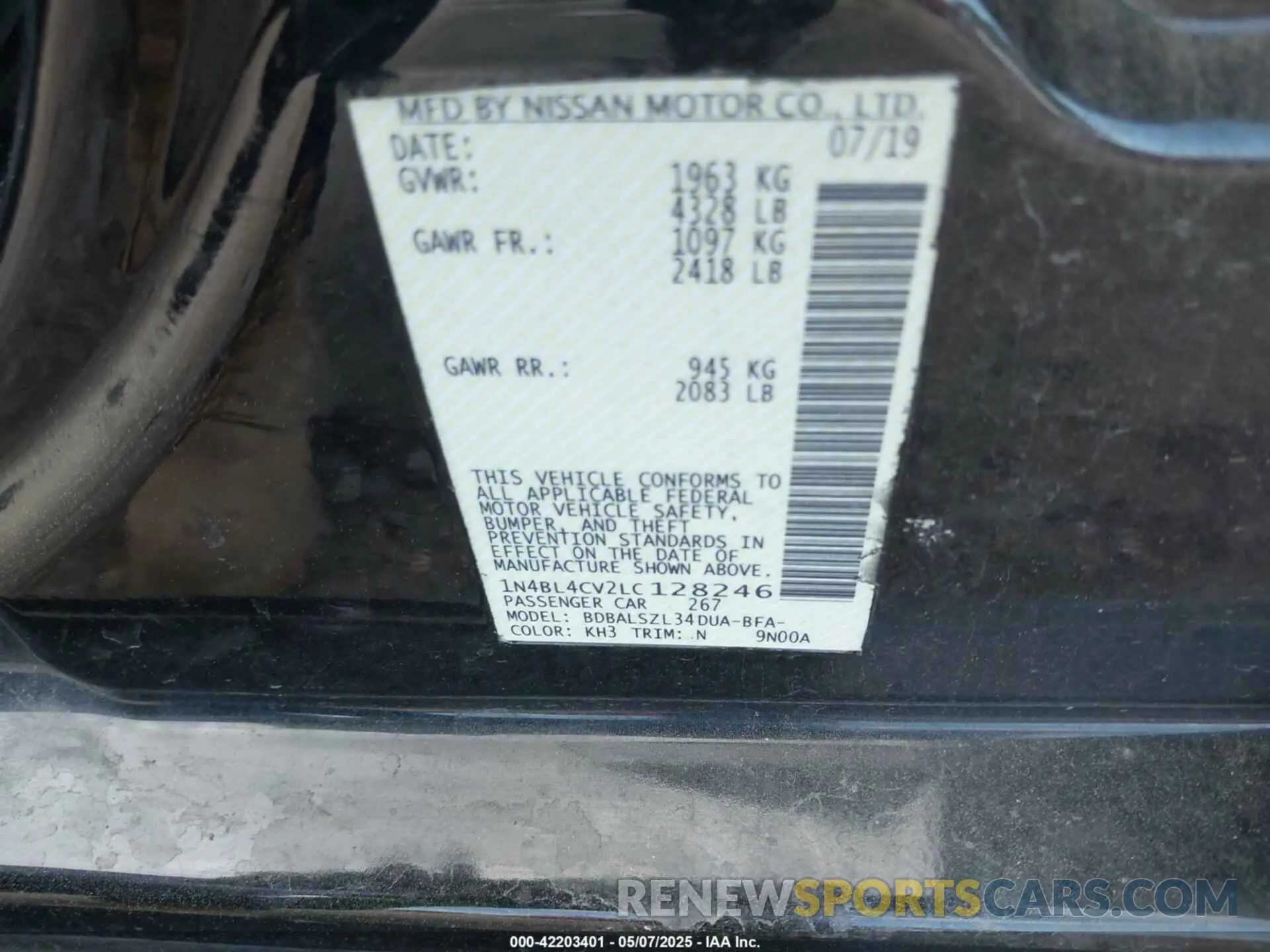 9 Photograph of a damaged car 1N4BL4CV2LC128246 NISSAN ALTIMA 2020