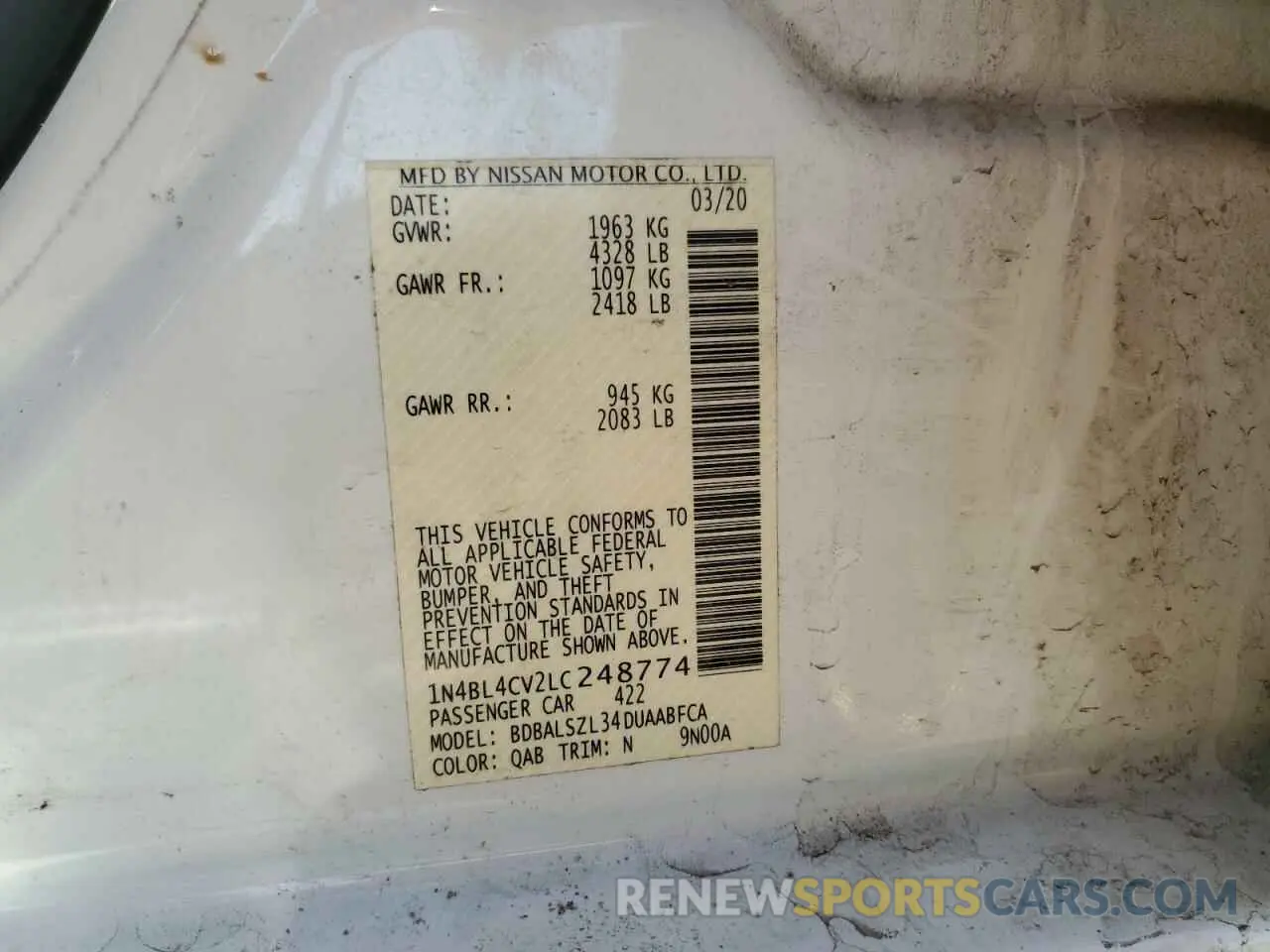 12 Photograph of a damaged car 1N4BL4CV2LC248774 NISSAN ALTIMA 2020