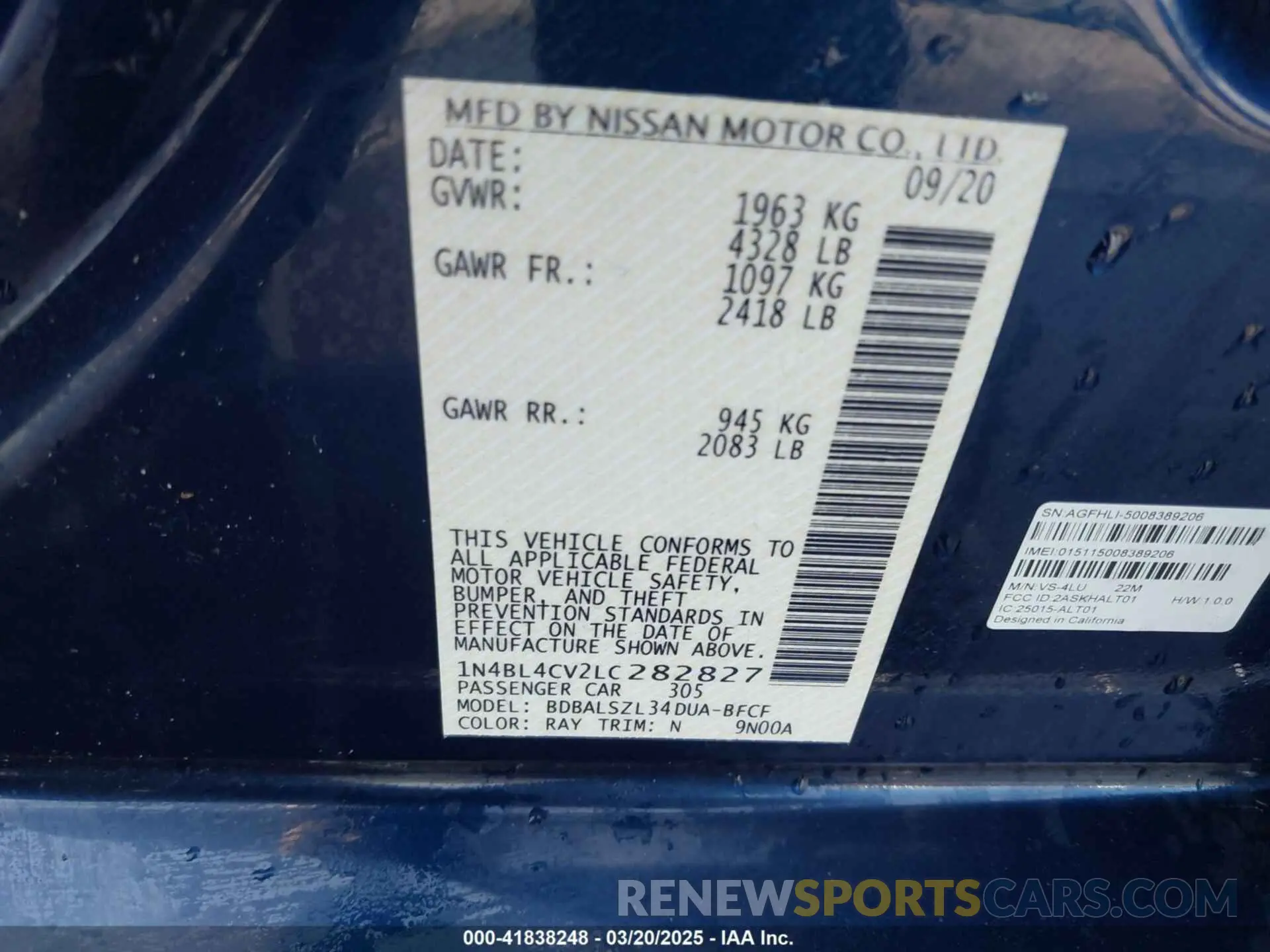 9 Photograph of a damaged car 1N4BL4CV2LC282827 NISSAN ALTIMA 2020