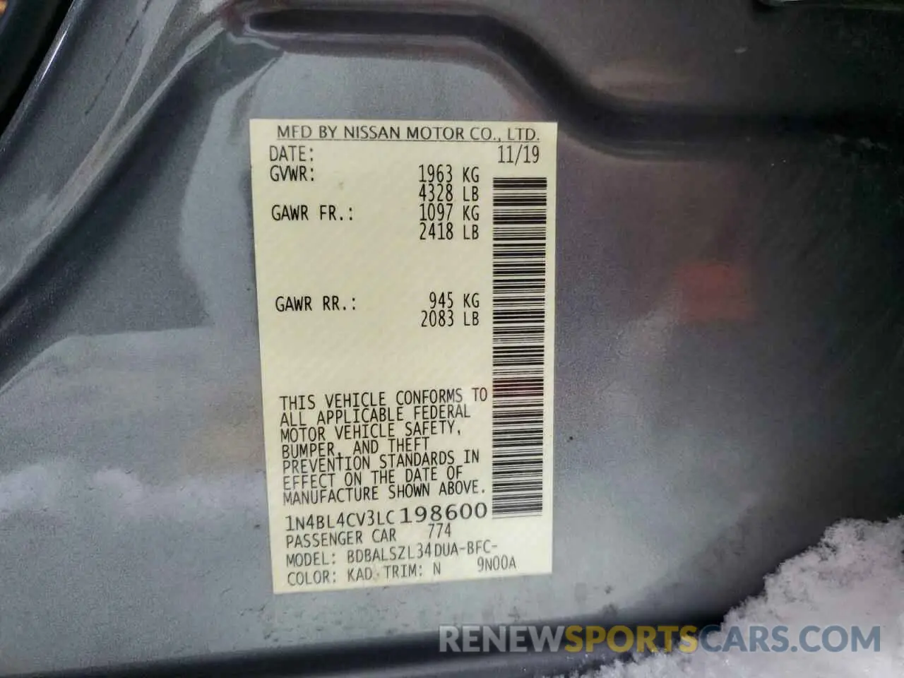 13 Photograph of a damaged car 1N4BL4CV3LC198600 NISSAN ALTIMA 2020