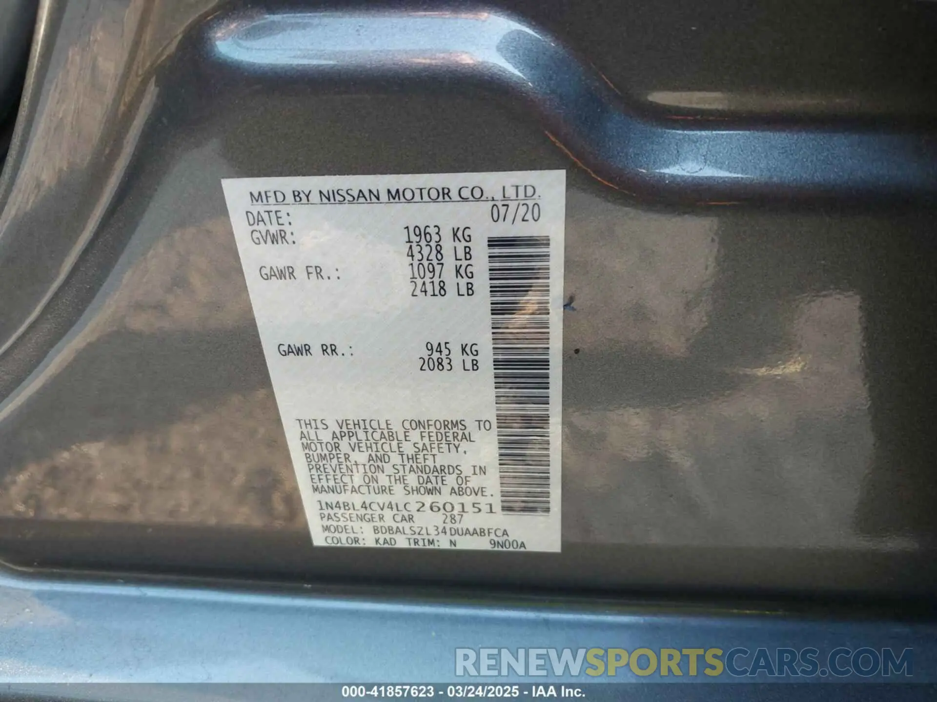 9 Фотография поврежденного автомобиля 1N4BL4CV4LC260151 NISSAN ALTIMA 2020