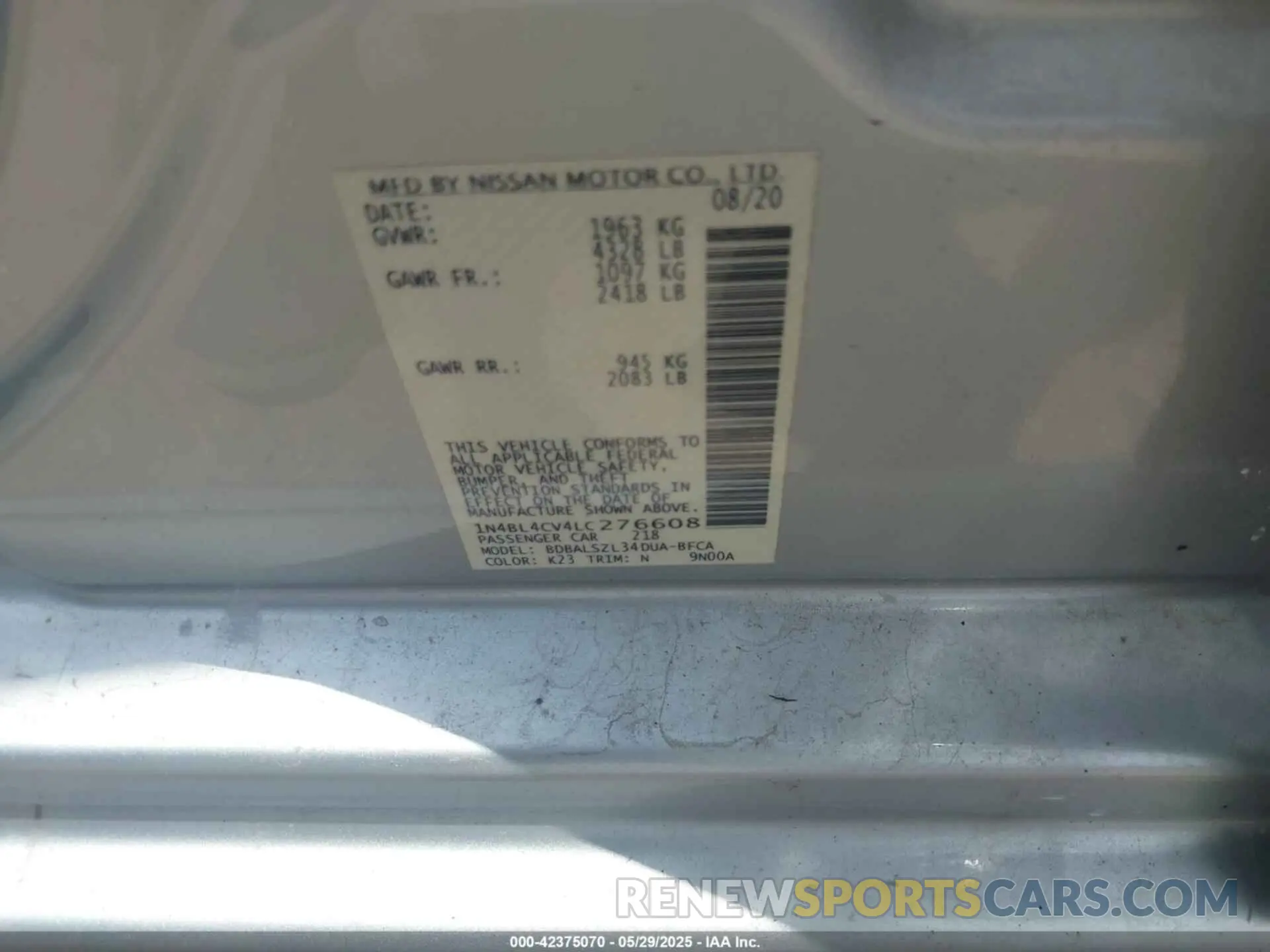 9 Photograph of a damaged car 1N4BL4CV4LC276608 NISSAN ALTIMA 2020