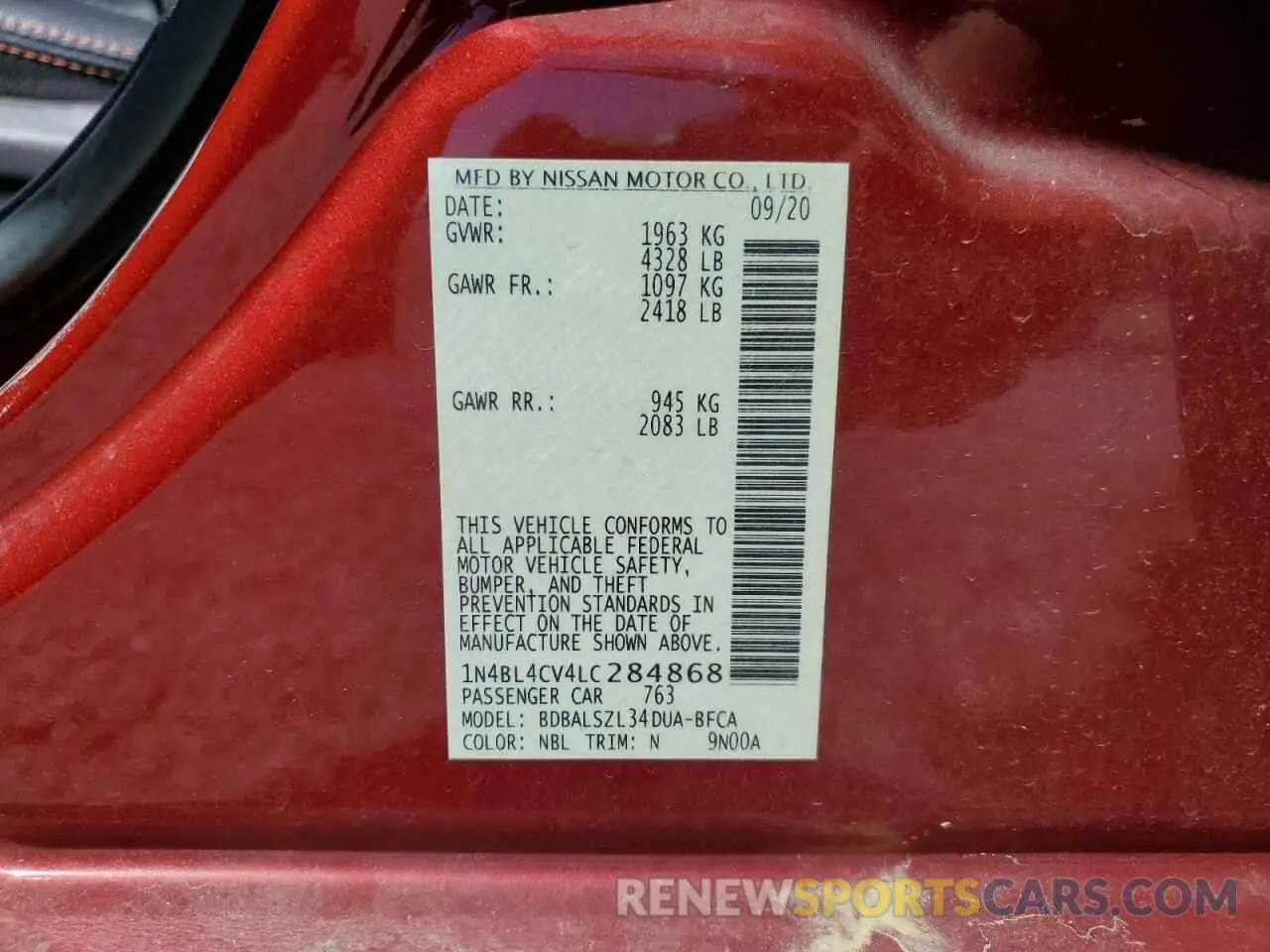 12 Photograph of a damaged car 1N4BL4CV4LC284868 NISSAN ALTIMA 2020