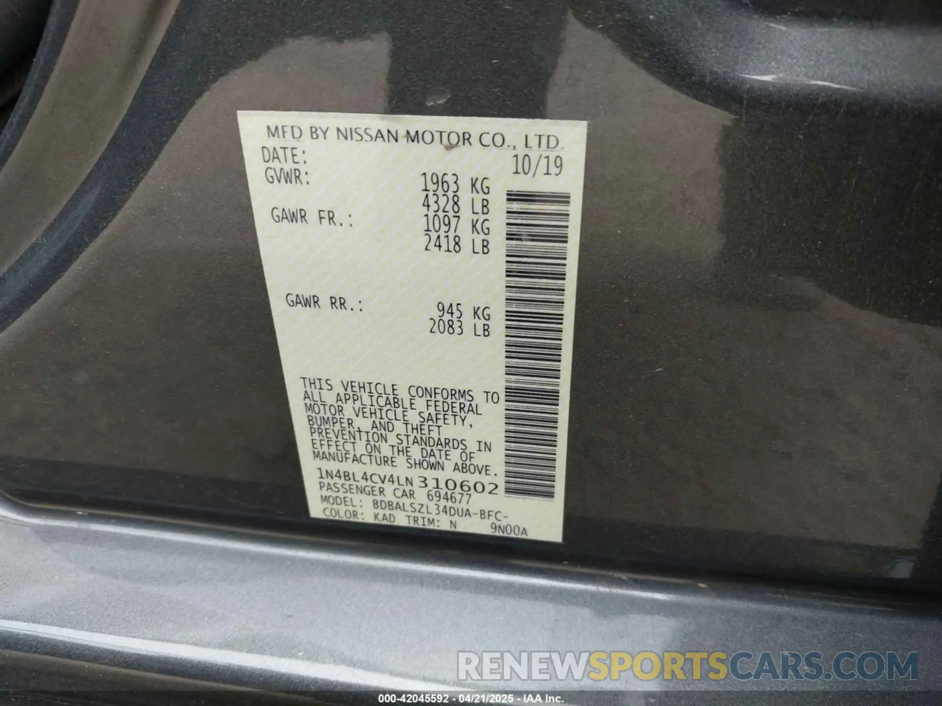 9 Photograph of a damaged car 1N4BL4CV4LN310602 NISSAN ALTIMA 2020